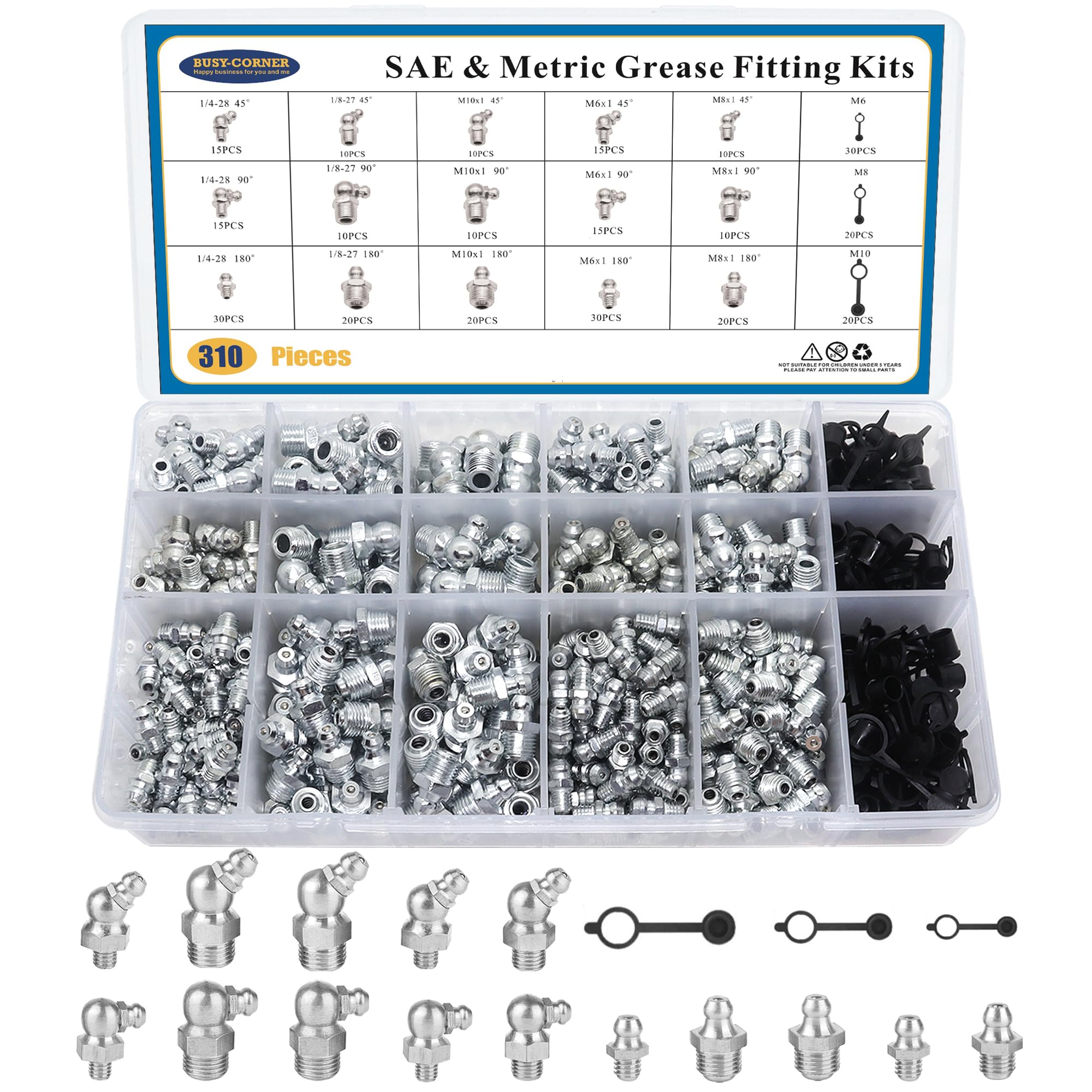 310PCS SAE & Metric Grease Nipple Assortment Kit, Hydraulic Grease Fittings Standard with Plastic Grease Fitting Caps