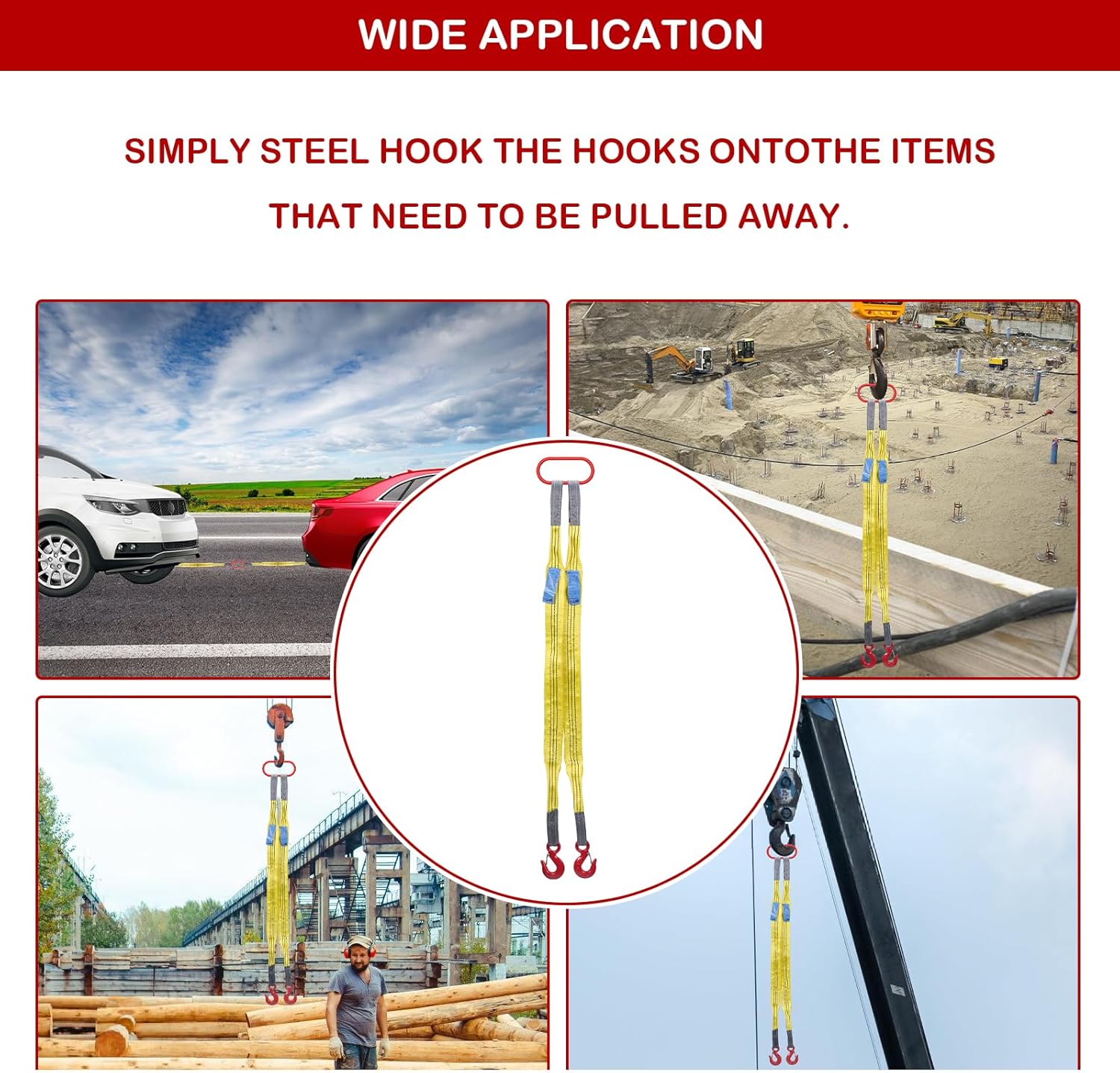 Lifting Slings Straps with Hooks, 3.3 Feet Two Leg Bridle Web Sling, 13227 Pounds Capacity, Polyester Webbing Purple Rigging Straps for Engines, Cranes, Hoists, Yellow, 10002 - Image 8