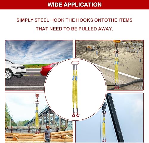 Miniatura 8 de Correas de elevación con ganchos, 3.3 pies de brida de dos patas de tela, capacidad de 13227 libras, correas de poliéster moradas para motores,