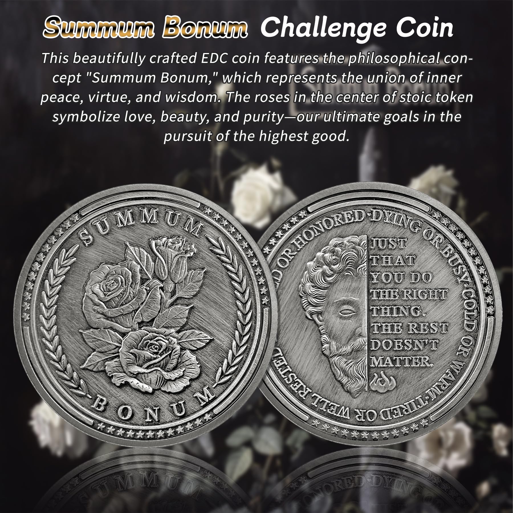 Summum Bonum Challenge Coin - Silver EDC Rose Stoic Coin - Love of