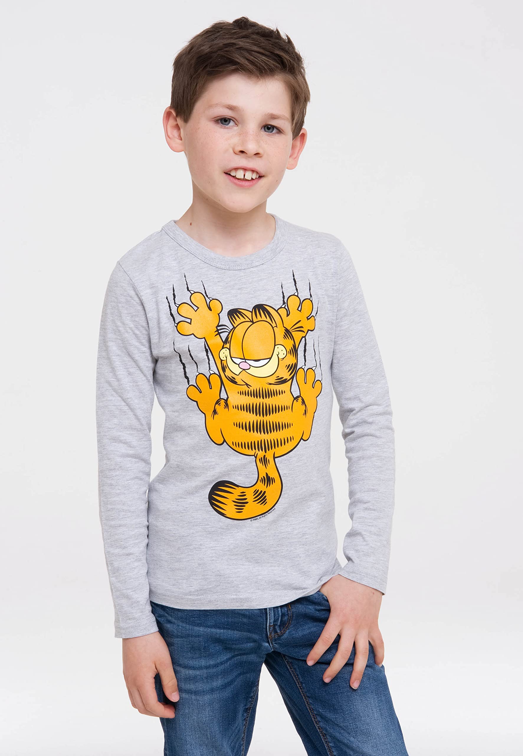 Logoshirt® Garfield I Kater Garfield I Langarmshirt Print I Kinder I Mädchen & Jungen I grau-meliert I Lizenziertes Originaldesign I Größe 116