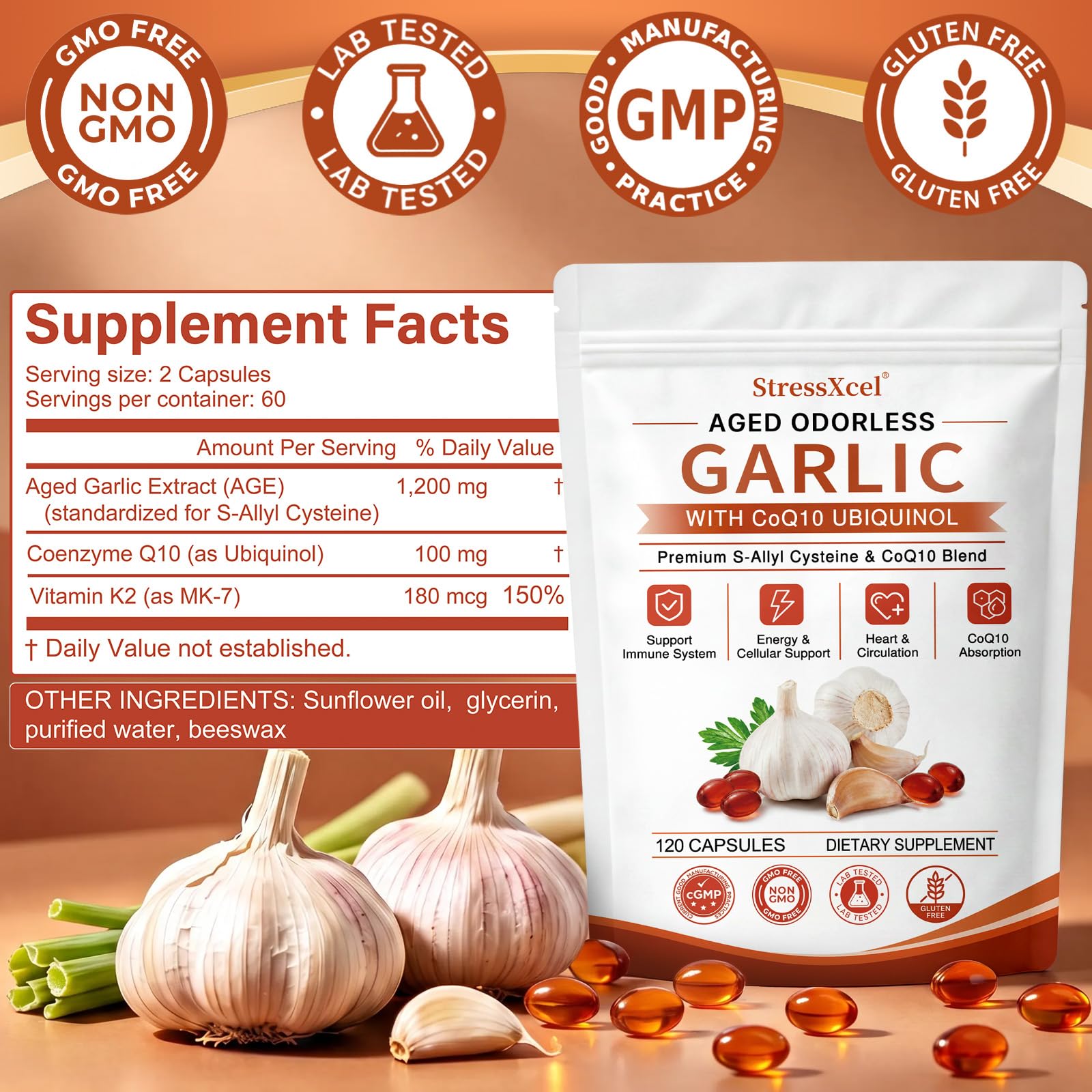 Aged Odorless Garlic Extract Softgels with CoQ10 Ubiquinol and Vitamin K2 - 1200mg Aged Garlic Supplement, S - Allyl Cysteine Standardized for Optimal Heart Health & Immune Support - 120 Softgels — Amazon image 7