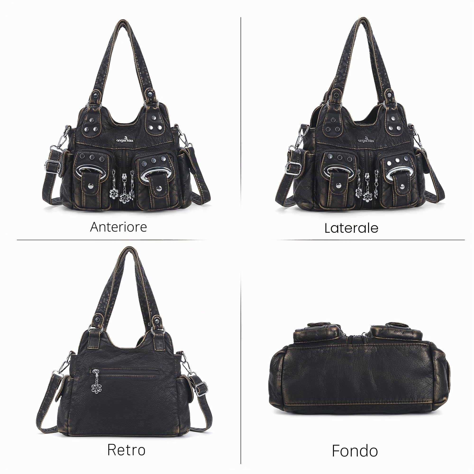 Angel Kiss Piccola borsa a tracolla da donna, in ecopelle lavata con molteplici tasche, borsa a mano con tracolla regolabile