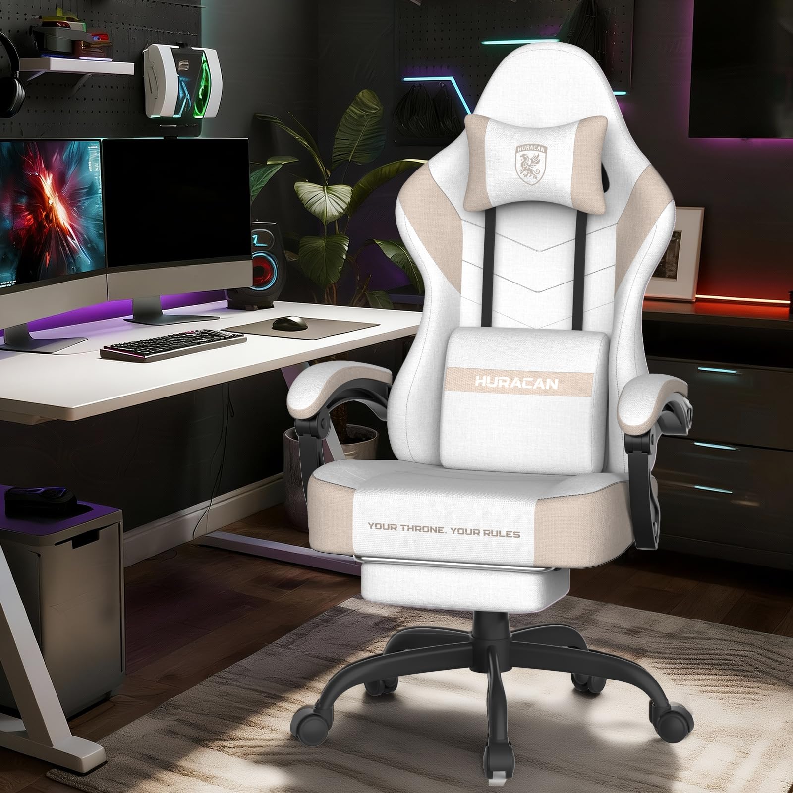 Verdego Silla Gaming, Silla Gamer Ergonómica con Masajeador Cojín Lumbar, Reposapiés Retractable y Reposacabezas, Tela Tipo Piel, Reclinable 90-135°, Altura Regulable, Sillas Gaming, Beige Caqui