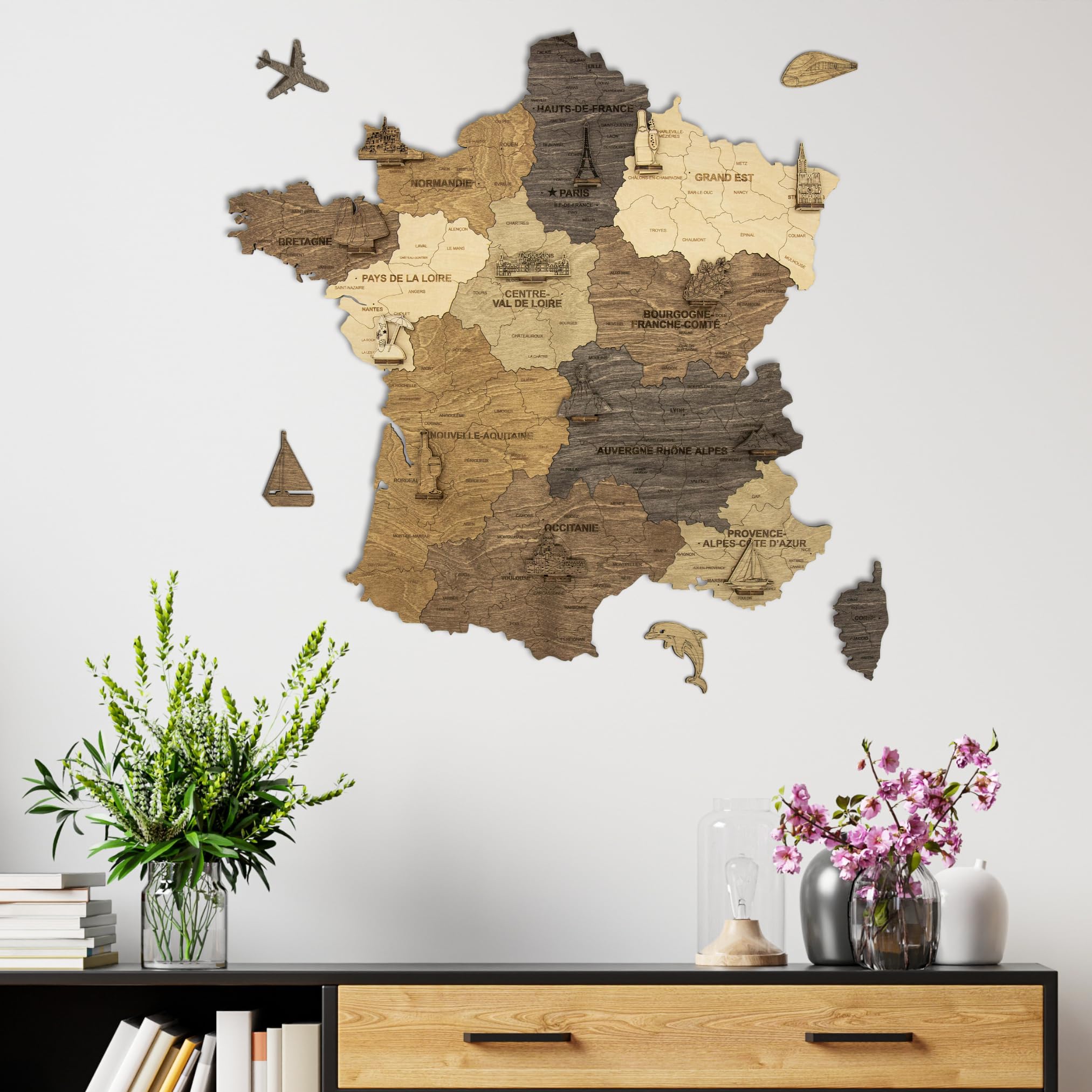 Carte du monde en bois 2D pour décoration murale - Mappemonde en Bois - Art mural - Pour salon, bureau ou chambre (Multicolor, 51L x 50 cm)