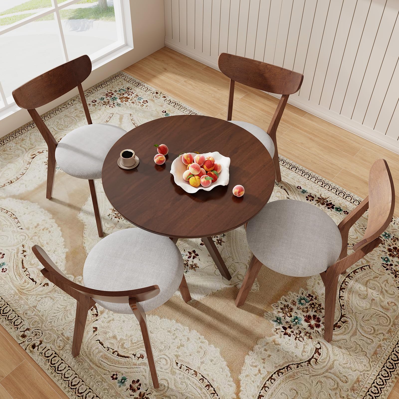 ERGOMASTER 5-Piece Dining Table Set for 4, 36" Kitchen Round Table with 4 Chairs, Rubber Wood Legs, Brown