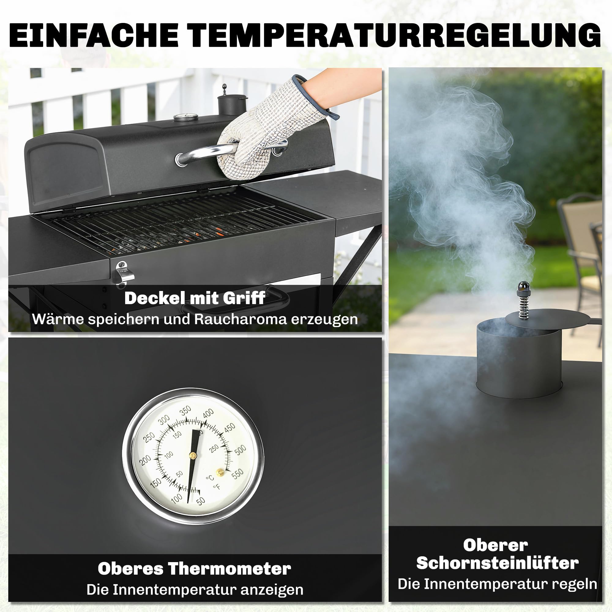 Outsunny grill węglowy z pokrywą, BBQ Smoker z 2 bocznymi stolikami, dużą powierzchnią grillową, rusztem, termometrem i kółkami, wózek grillowy 110 x 46,5 x 101 cm, czarny