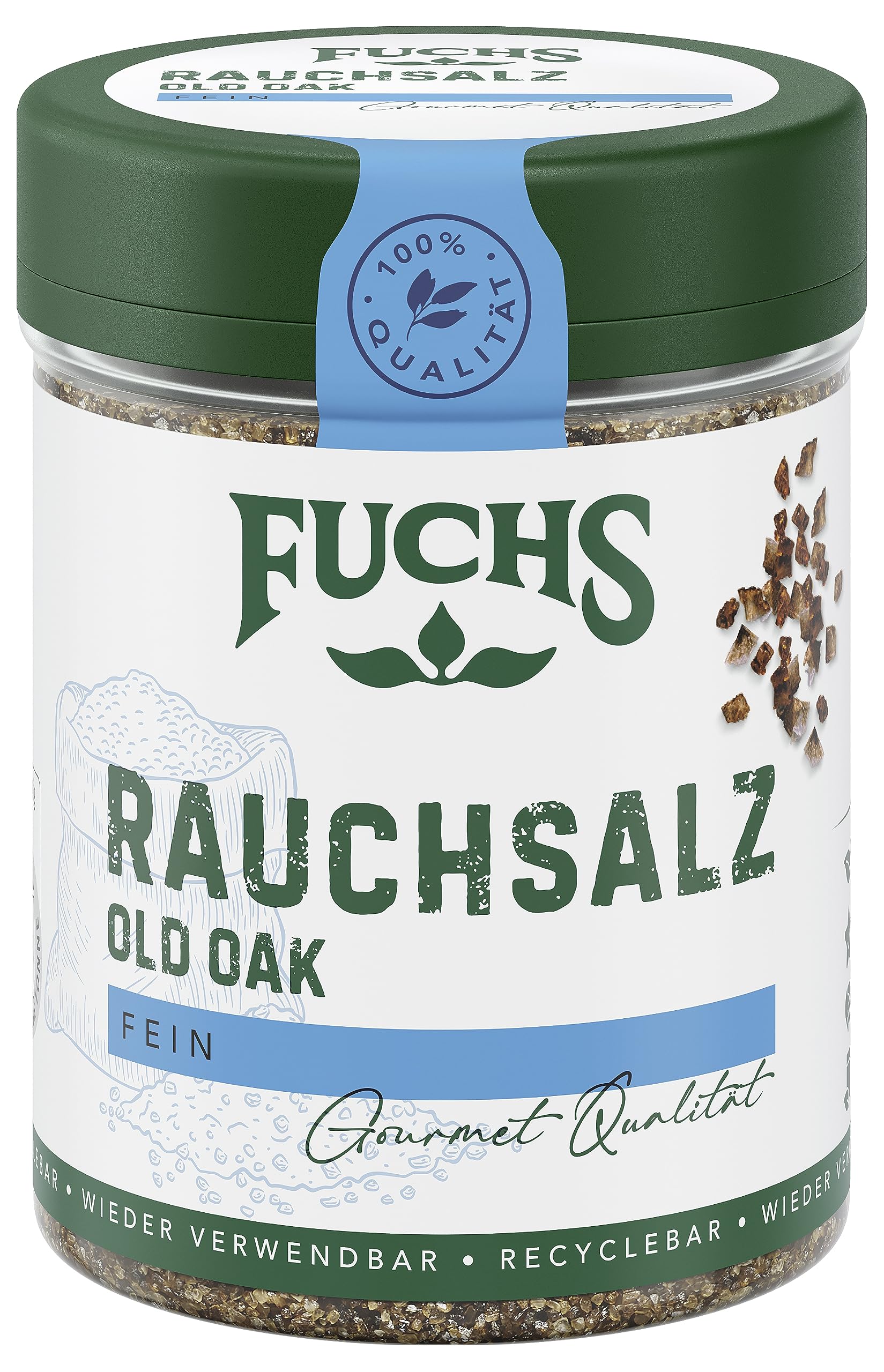Fuchs Gewürze - Rauchsalz "Old Oak" - über Eichenholz geräuchert, rauchiger Geschmack für Grillfleisch oder Fisch - natürliche Zutaten - 100 g in wiederverwendbarer, recyclebarer Dose