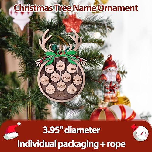 Miniatura 2 de Personalized 2025 Christmas Ornaments, Customize 1-10 Names Christmas Tree Decoration Laser Engraved Names, Comes with a Rope (6 Names, Antlers +