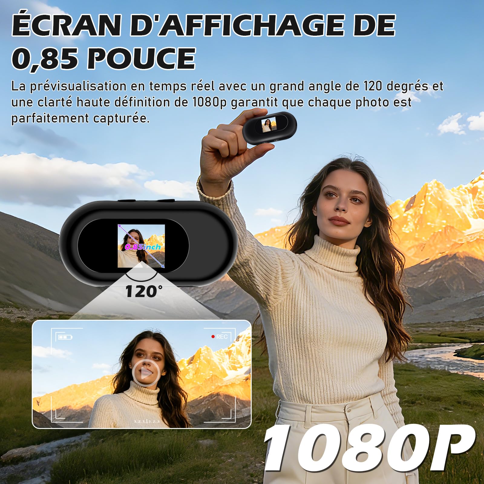 Caméra pour Moto, Mini Caméra d'action, Caméra Sportive POV à 120° | 28 g avec écran, fixation magnétique, autonomie de 2 heures, carte SD jusqu'à 256 Go, pour vélo, caméra de casque