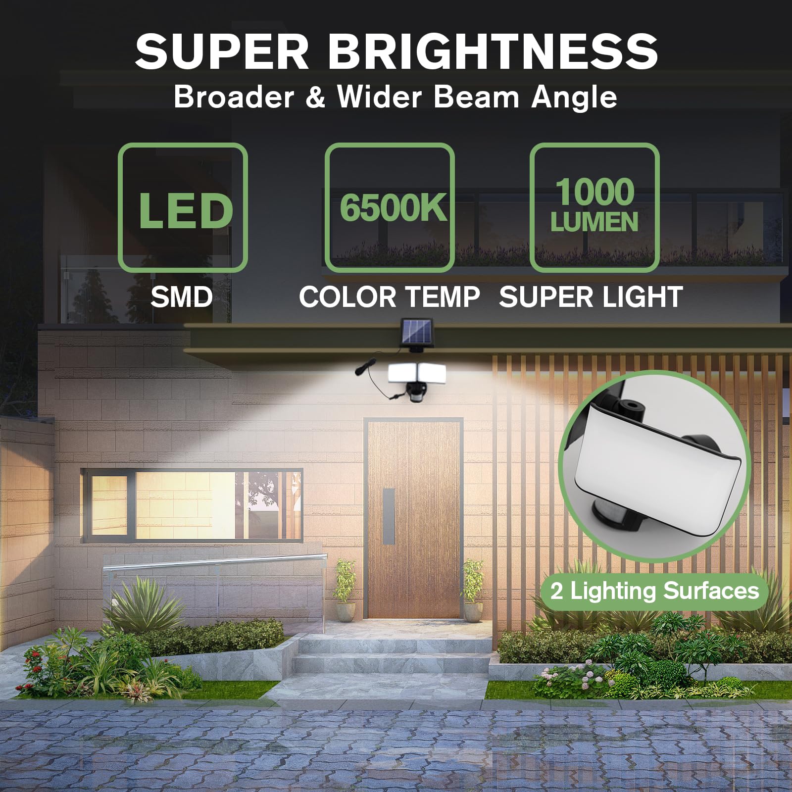 wisdom line Lampione Solare LED Esterno 2400mAh Faretti Solari 100 LED 1000LM Faro Led Esterno con Pannello Solare e Sensore di Movimento 6500K Luci Lampione Lampada Garage Giardino - 1 Pezzi