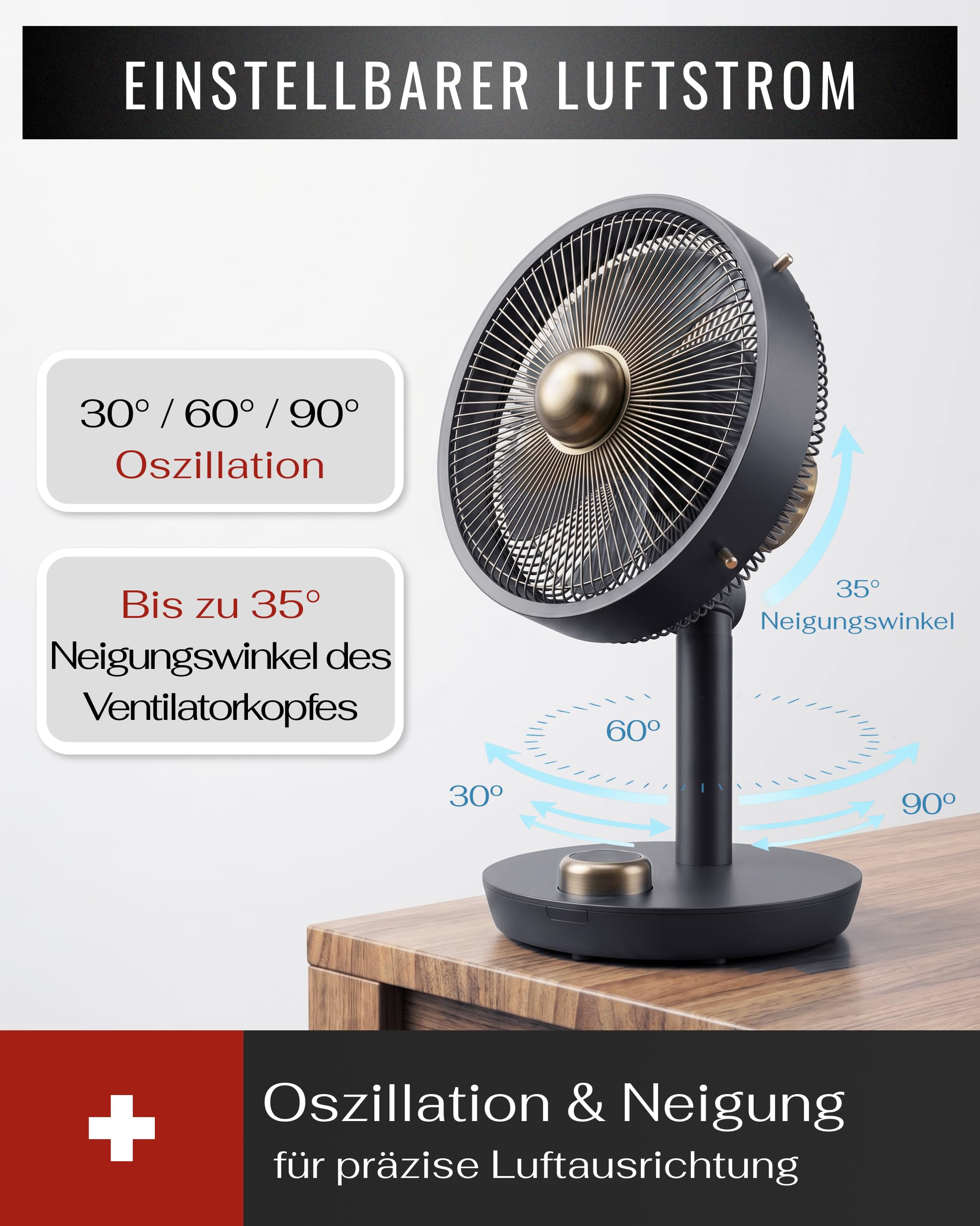 Premium Tischventilator, Ventilator leise aus Metall mit 12 Stufen, Digital-Display, 90° Oszillation, 8h Timer, Luftstrom bis 6,4 m/s, für Schlafzimmer - Anthrazit