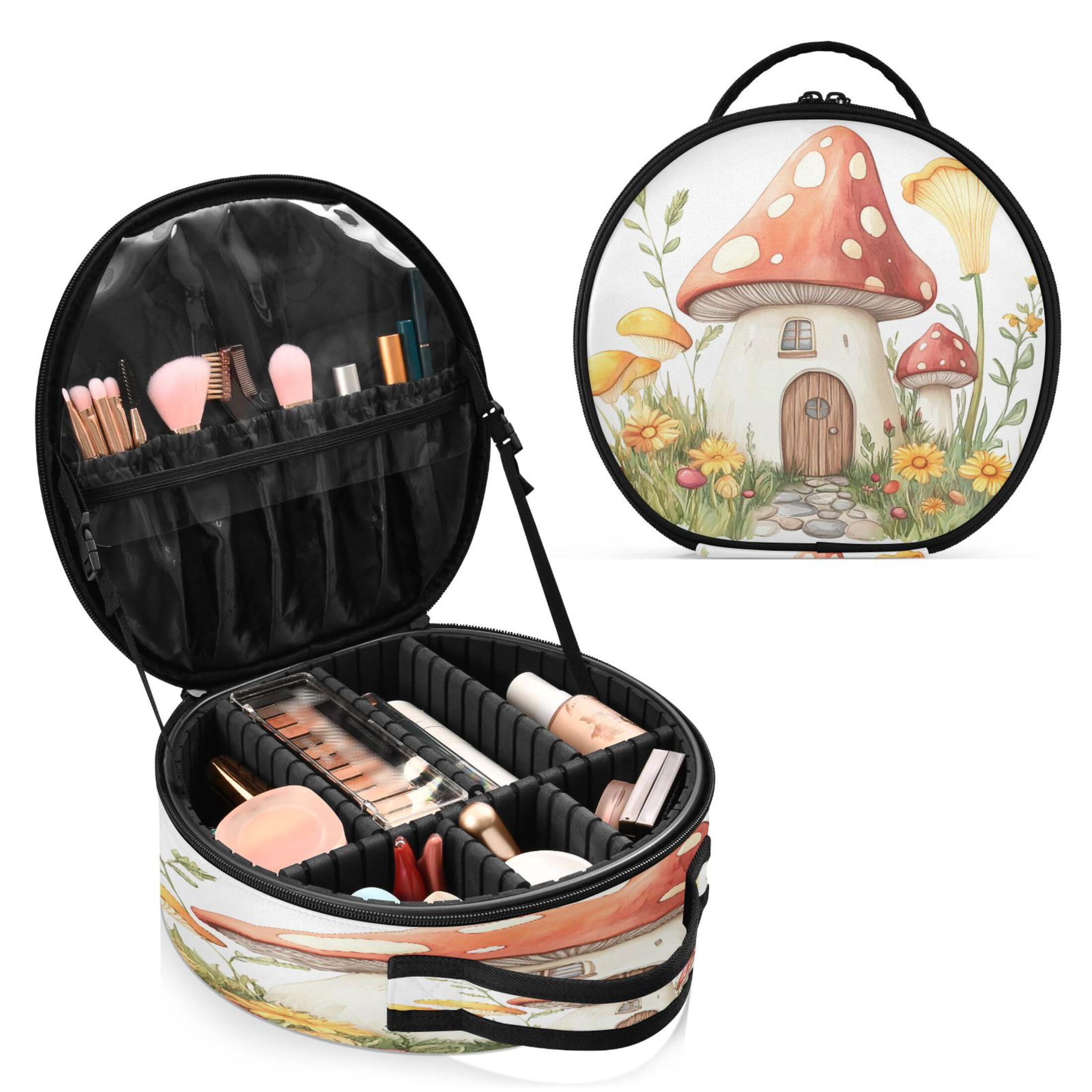 Takiito Cartoon Mushroom Cabin Travel Makeup Case Portable Makeup Box Artist Cosmetic Case Organizer With Adjustable Dividers