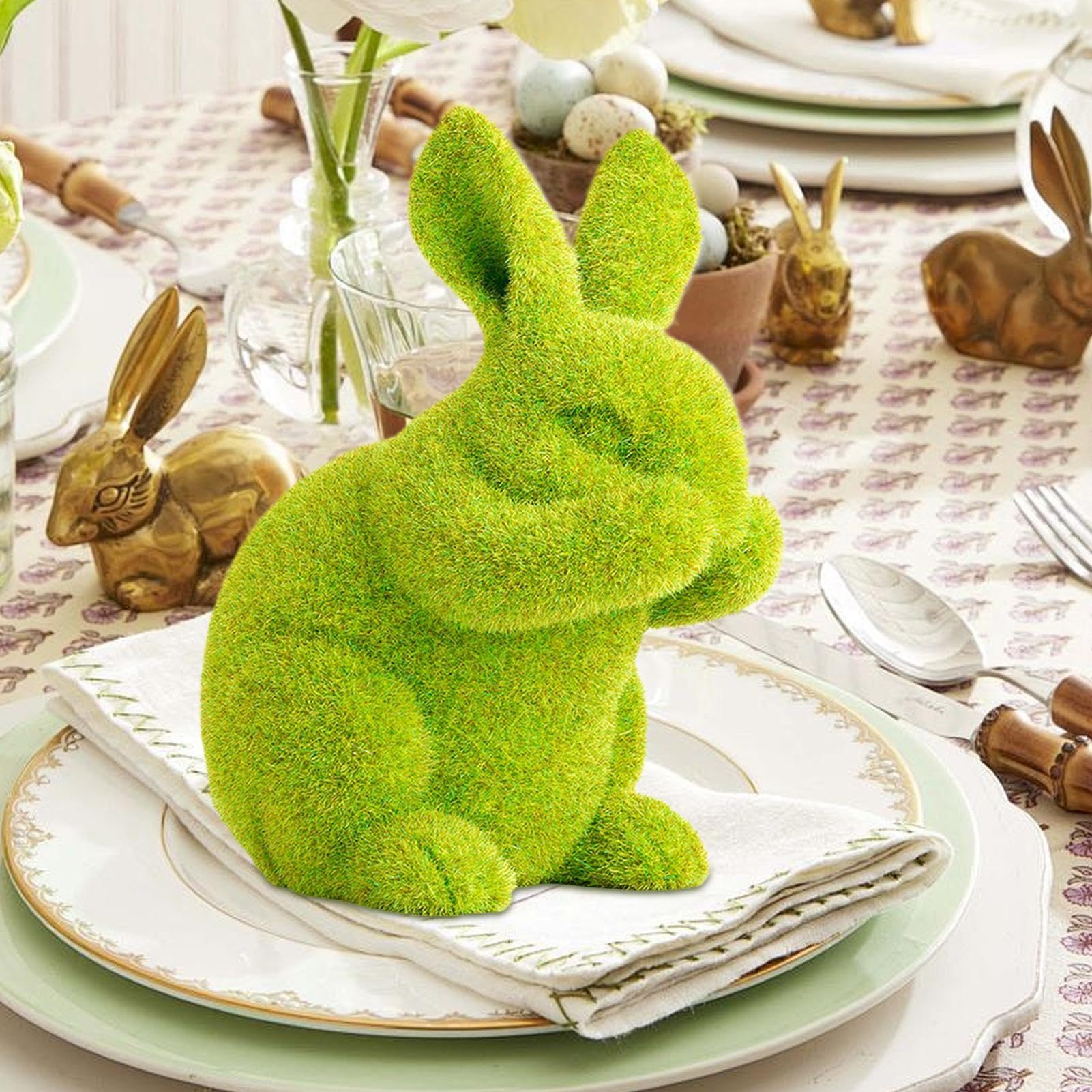 ウサギの立体アート　緑色の木製フレーム付き　ハンドメイド Amazon.co.jp: Moss Bunny - 装飾的なイースターグリーンウサギの置物