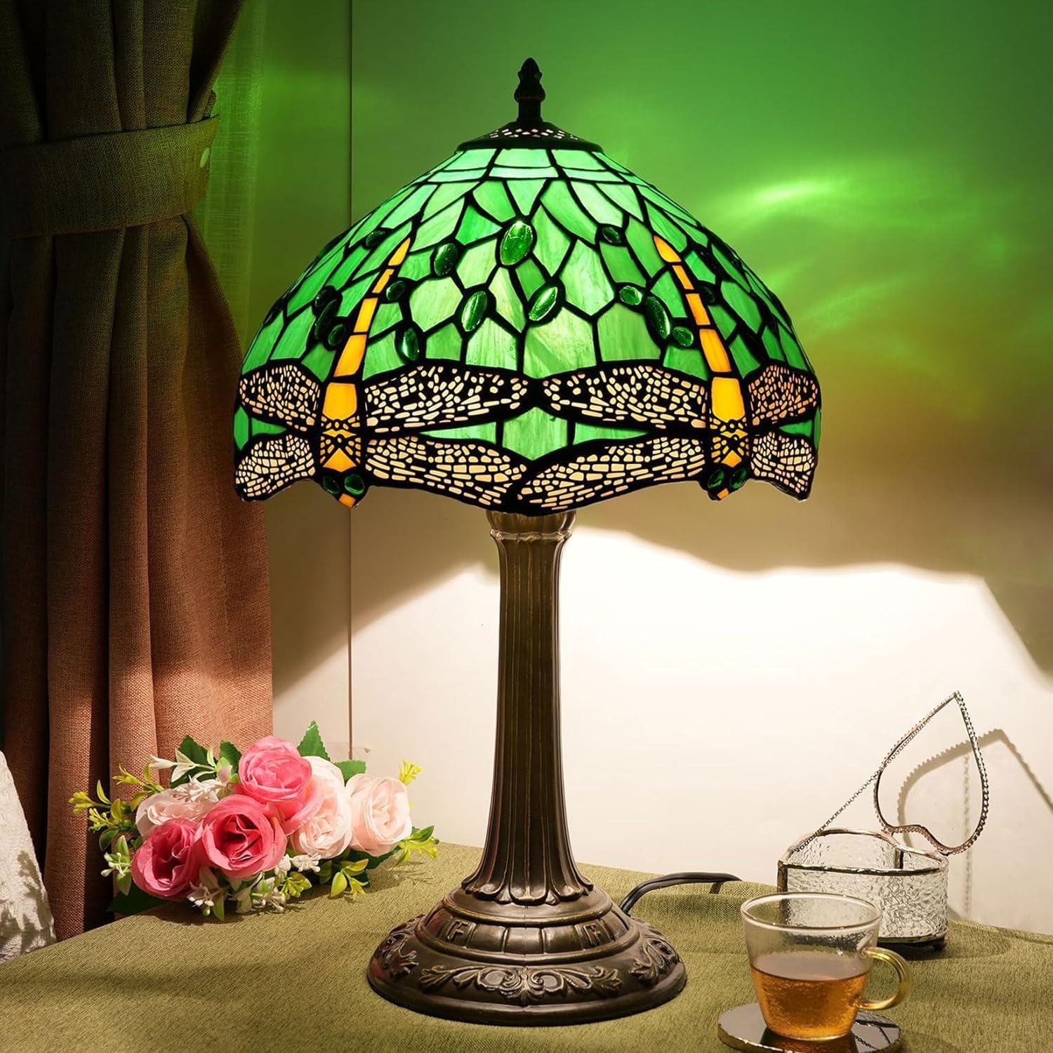 Lampa w stylu Tiffany'ego Witraż w stylu ważki Lampka nocna na biurko Lampka do czytania Wystrój Kochanka Dziewczyna Szafka nocna Sypialnia Salon Biuro w domu Komoda na biurko W12XH19 cali (i)