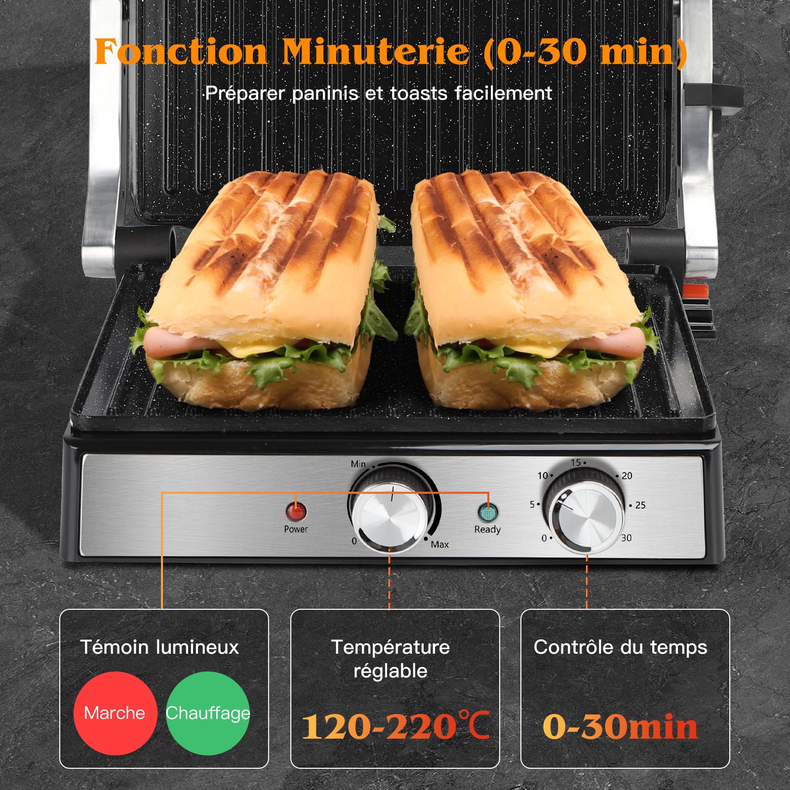 Aigostar Grill Electrique, Gril Viande et Panini, Revêtement Antiadhésif en Céramique Sans PFAS ni BPA, Minuterie de 30min, 2000W, Ouverture à 180°, Thermostat Réglable, Roast