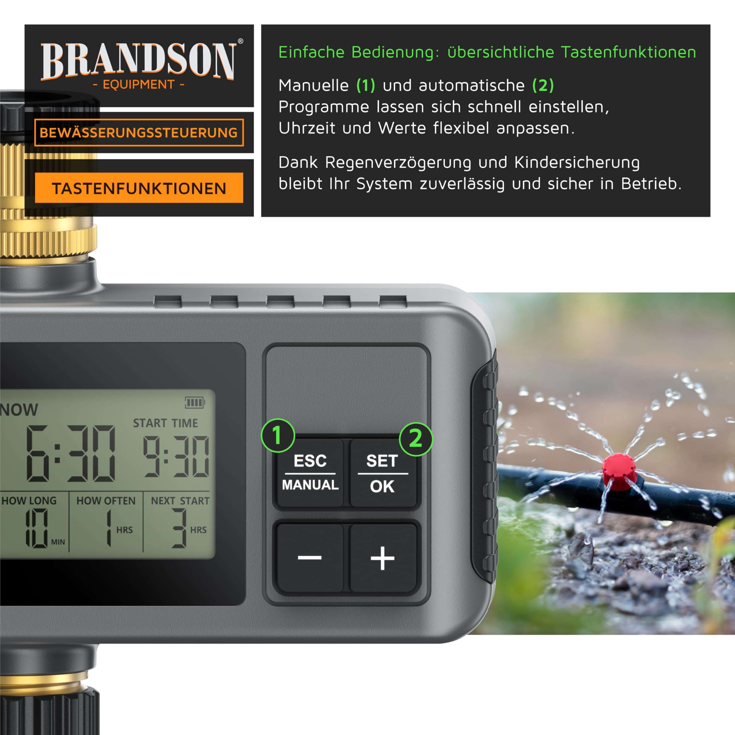 Brandson - Bewässerungssteuerung digital mit Display - Bewässerungcomputer Wasserzeitschaltuhr - Bewässerungssteuerung - Bewässerungssystem – Automatische Bewässerung - Balkon Terrasse Garten