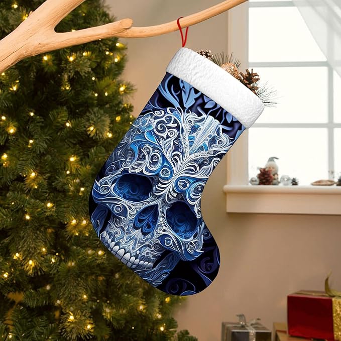 Christmas Stockings,Blue Sugar Skull Pattern，Xmas Stocking, Holiday and Family Stocking for Fireplace Christmas Holiday Party Decoration 18 Inches，Blue