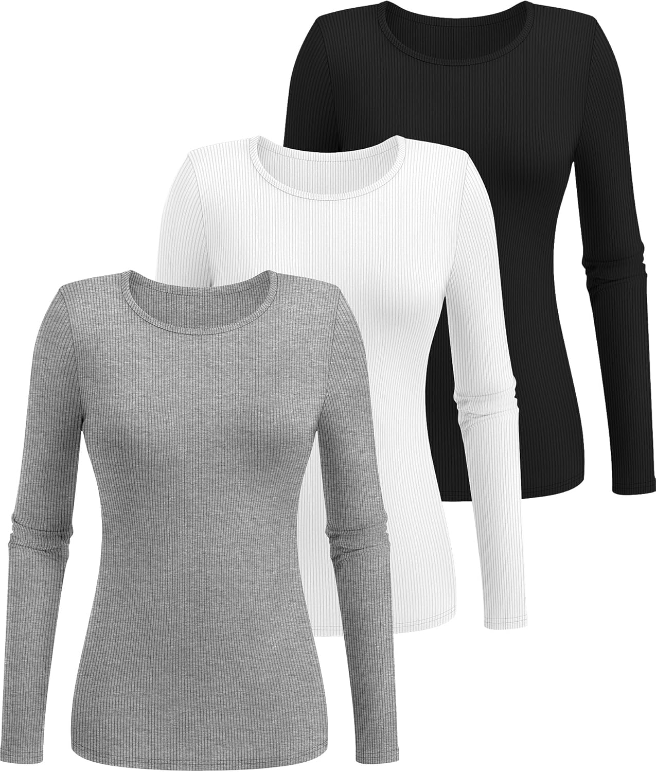 Ficerd 3 Pack Women's Ribbed Long Sleeve Tops, Crew Neck Slim Fit Undershirts Knit Basic Casual Stretch Layering Tee Shirts - Image 3