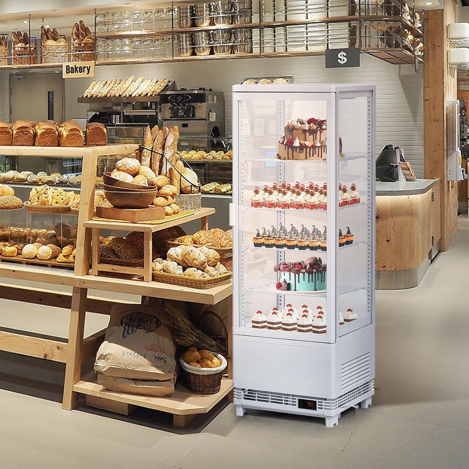Countertop Refrigerator 3.4 Cu.ft, Commercial Pastry Display Case with LED Lighting & Sliding Glass Door, Frost-Free Bakery Fridge for Cafe, Restaurant, White