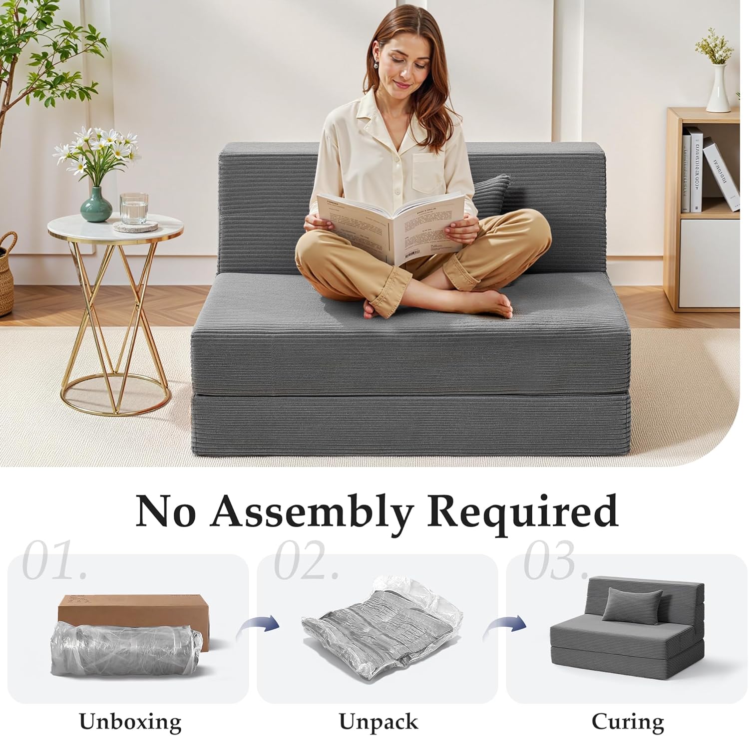 Youzi Folding Sofa Bed Convertible Sleeper Chair with Pillow, 4-in-1 Foldable Mattress Futon Couch Bed to Lounge Chair for Living Room, Bedroom, Dorm & Guest, Washable Cover, Dark Gray, Single