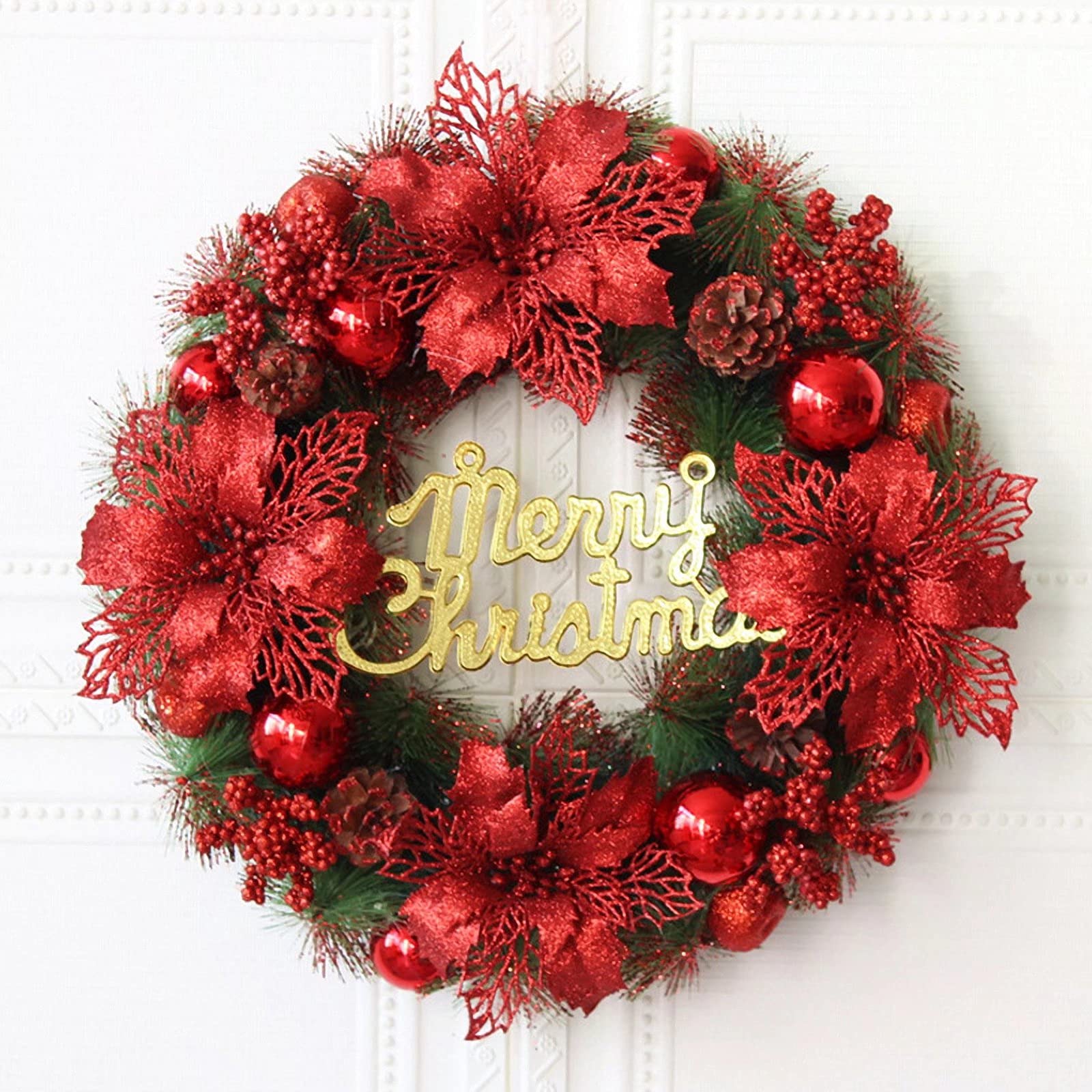 24 Inch Kerst Krans, Rode Kunstmatige Pine Naald Poinsettia Kerst Bes Pine Cone, voor Winter Kerst Vakantie Decor