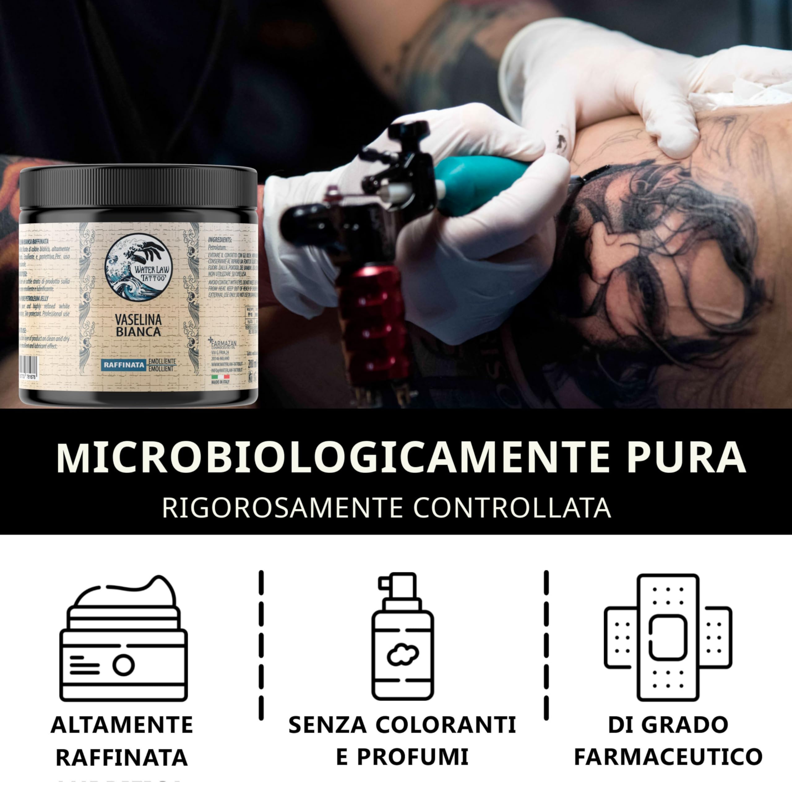 Water Law Tattoo Vaselina Bianca 200ml, Vaselina Pura Altamente Raffinata, Vaselina Tattoo Professionale, Emolliente, Lubrificante, Protettiva, Senza Profumi o Coloranti, Made in Italy