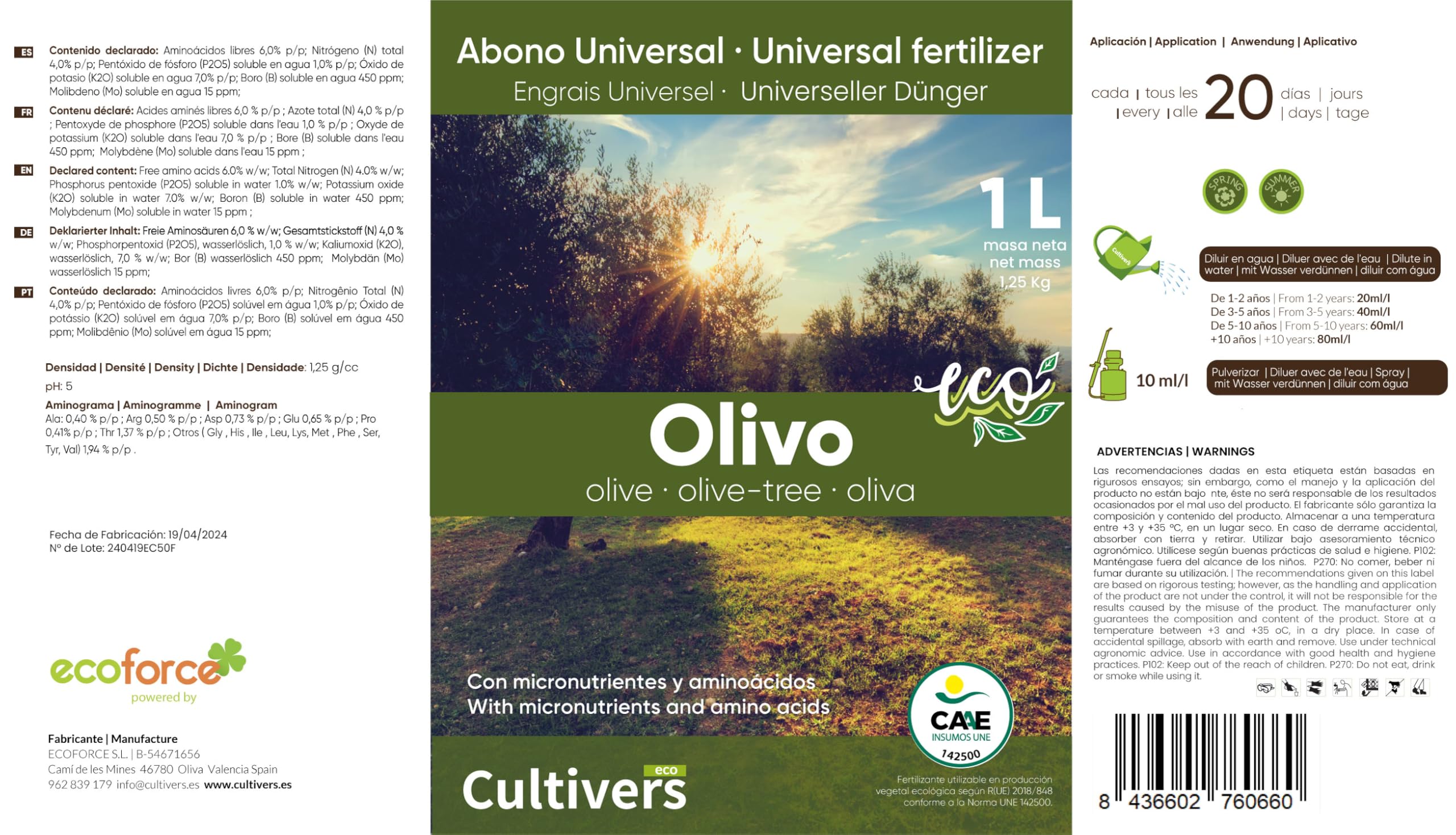 Cultivers Engrais Biologique Pour Olives 10 L. Engrais Liquide 100% Biologique Avec Macronutriments Et Micronutriments. Améliore La Fructification, La Quantité Et La Qualité De L'olive