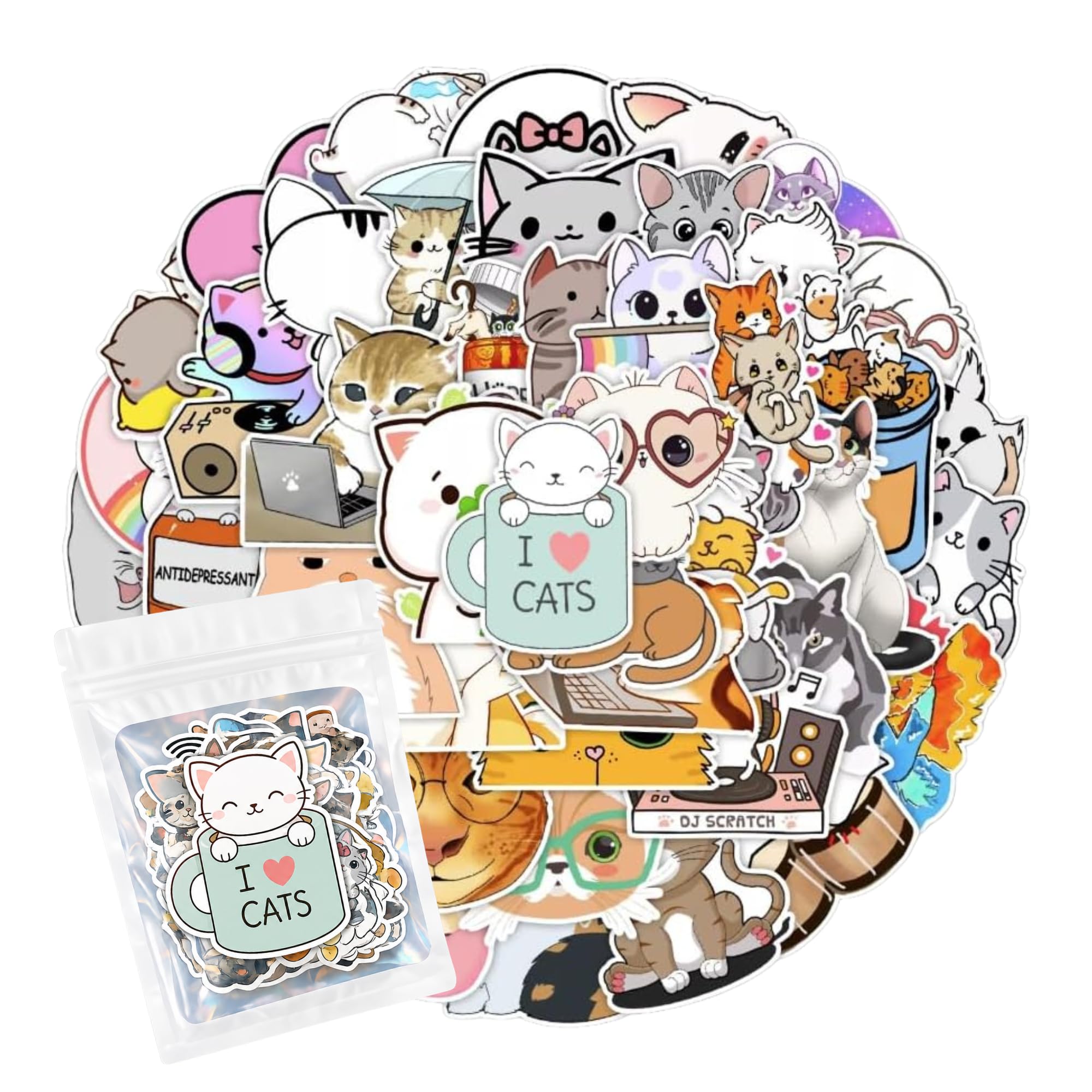 Hntr Cat Hntr® Stickers | 50 Cute Kitty Stickers For Lovers | Fun Sticker Pack For Tablets, Kindle & Scrapbooks