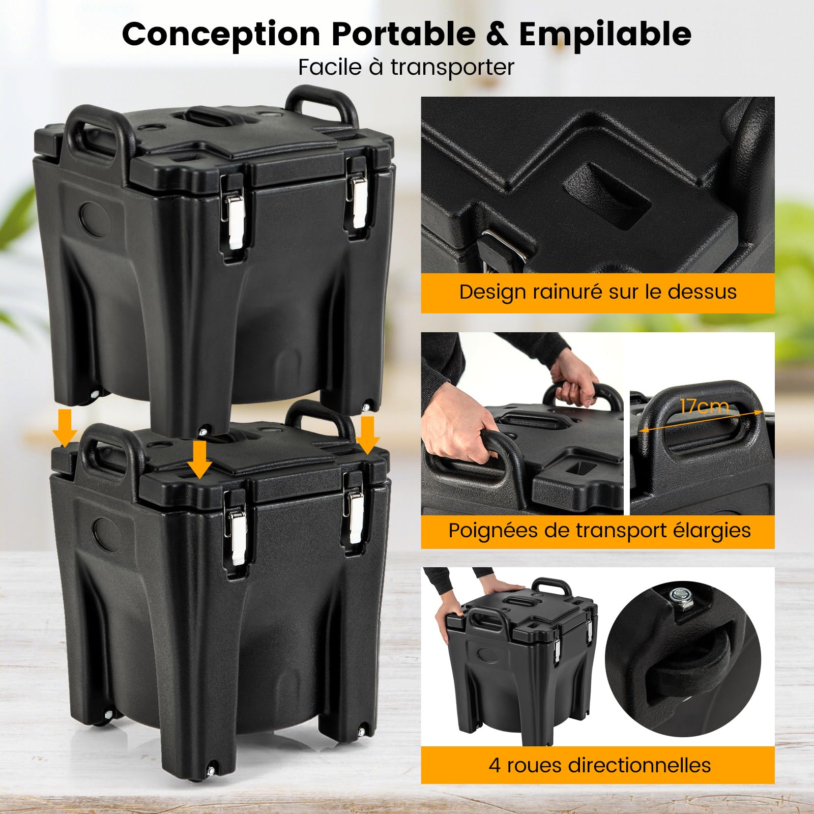 COSTWAY Récipient à Soupe isolé Chauffe-plats Empilable de 30 L, Conteneur Isotherme Portable en Acier Inoxydable avec 2 Poignées Roues à Frein, pour Restauration Camping, Noir