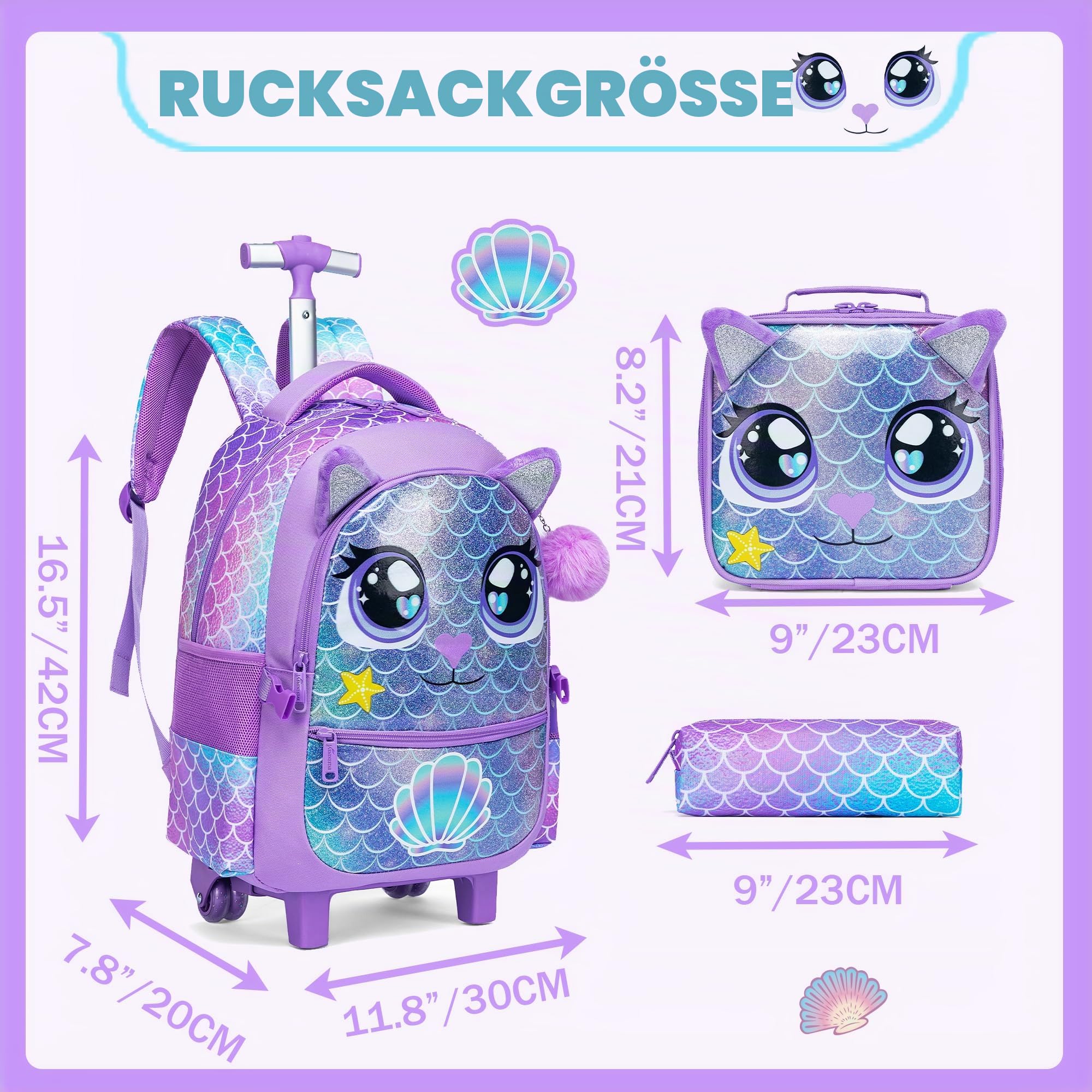 HTgroce Schulranzen Mit Rollen Schulranzen Trolley Mädchen Einhorn Rucksack Mit Rollen Rolling Backpack School Bag Trolley Grundschüle Kinderkoffer ab 6 Jahren