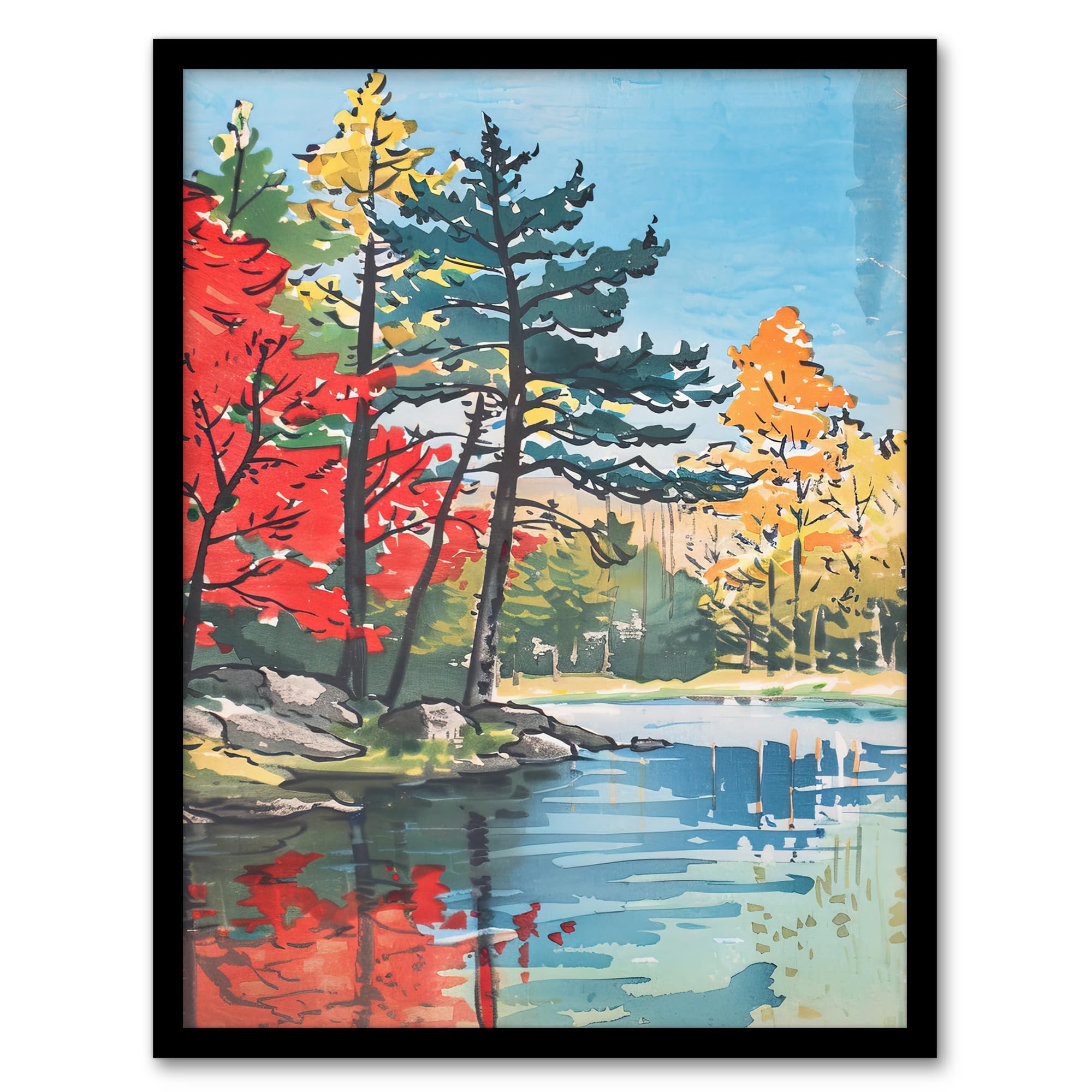 Artery8 Lake Forest Colourful Trees Japanese Woodblock Living Room Artwork Framed Wall Art Print A4