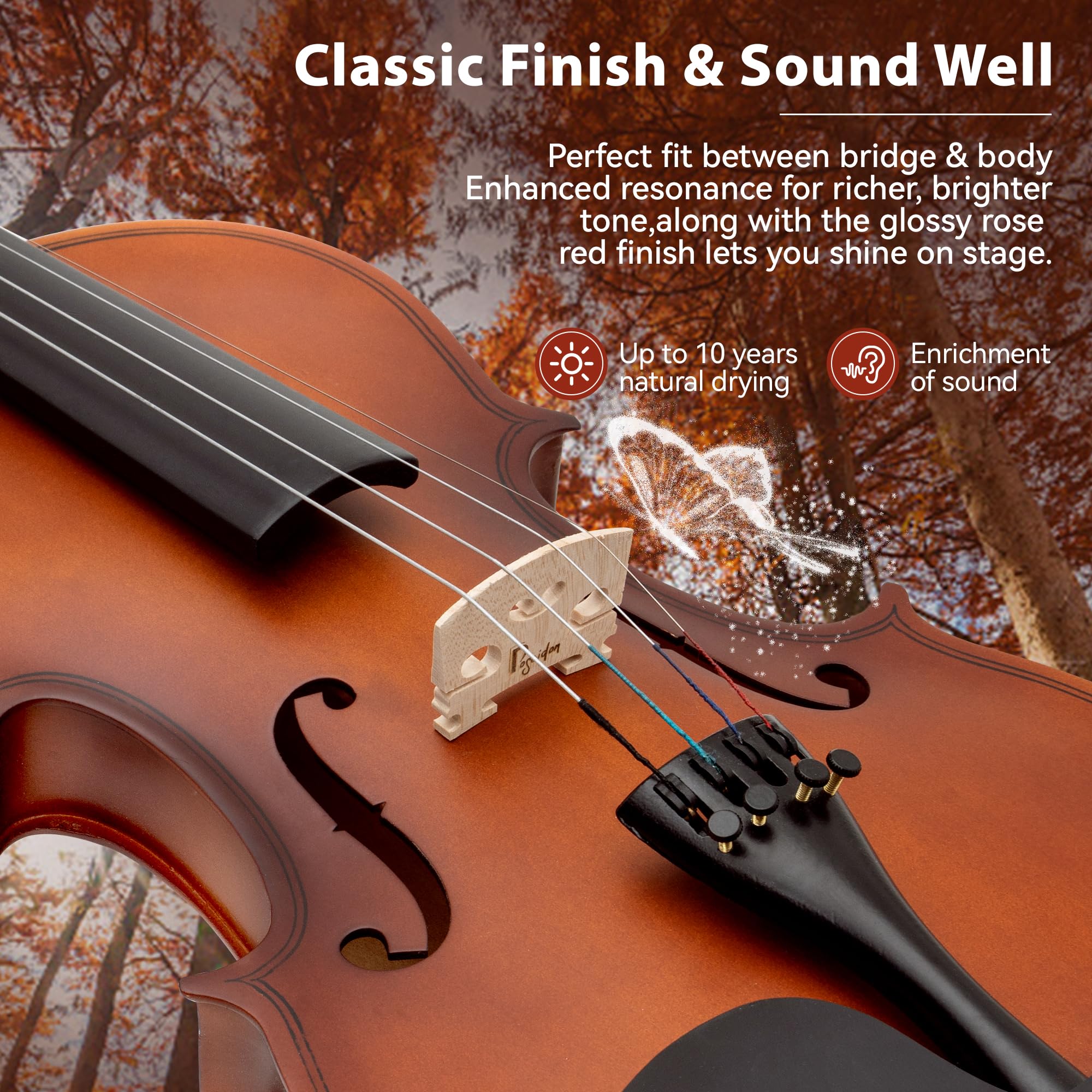Poseidon - Instrumentos musicales de cuerda - Violín artesanal de alta calidad para niños y adultos, violín 4/4 con funda, lazo para violín, puente de caballo, cuerdas adicionales, reposapiés,