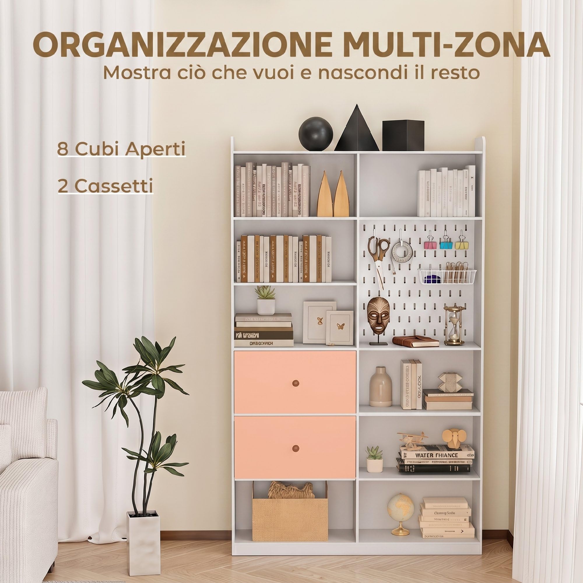 HOMCOM Libreria Verticale Alta con 8 Cubi in Legno 120x30x200 cm Bianco