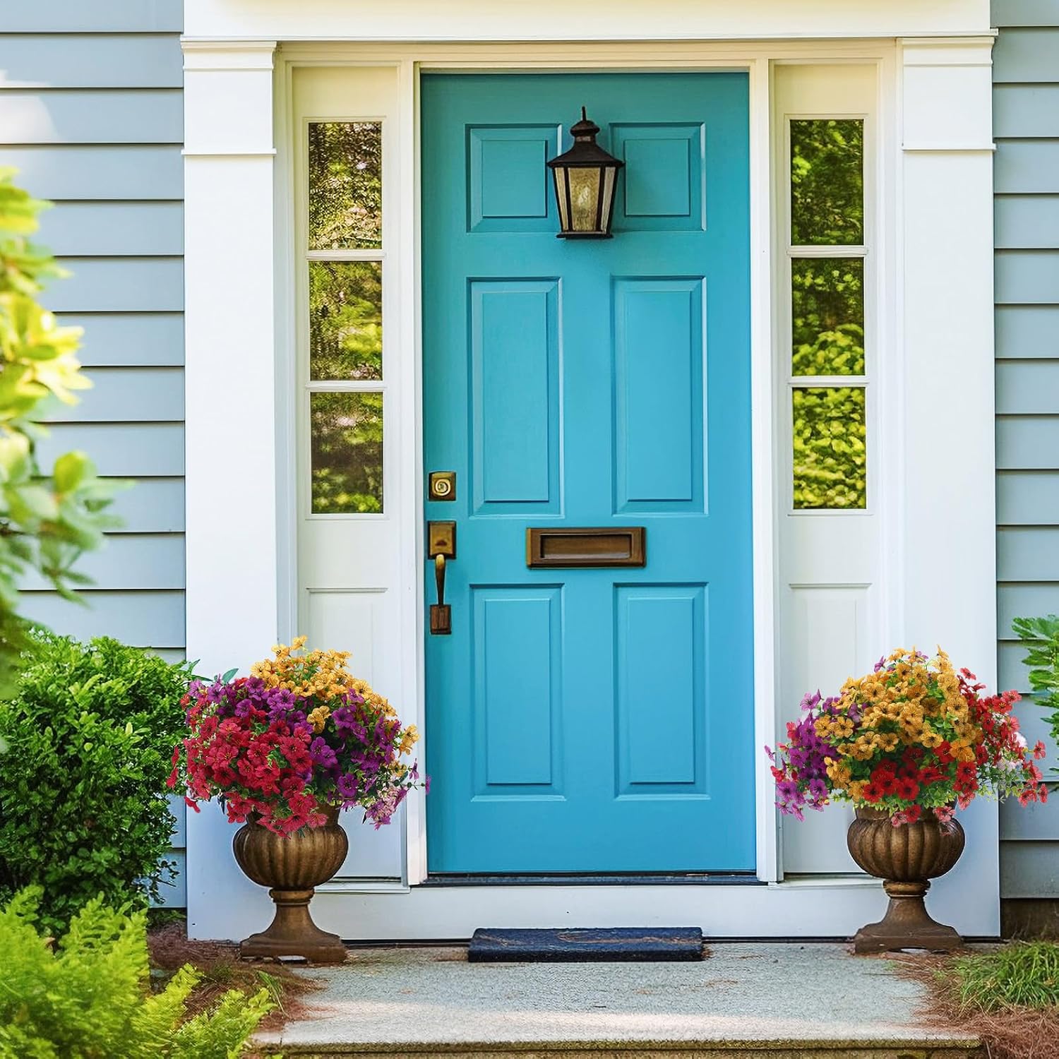 60 Pcs Outdoor Plastic Plants Bulks Artificial Flowers UV Resistant Lavender Flowers Stems Baby's Breath Plastic Greenery Shrubs Fake Daisy Eucalyptus for Home Patio Decoration