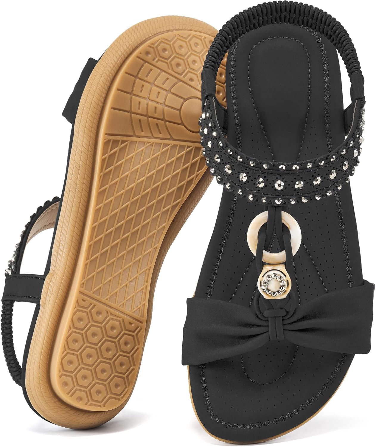 HARENCE Womens Summer Flat Sandals: Comfortable Elastic Ankle Strap Dress Flats Shoes Casual Slip On Bohemian Beaded Walking Sandal