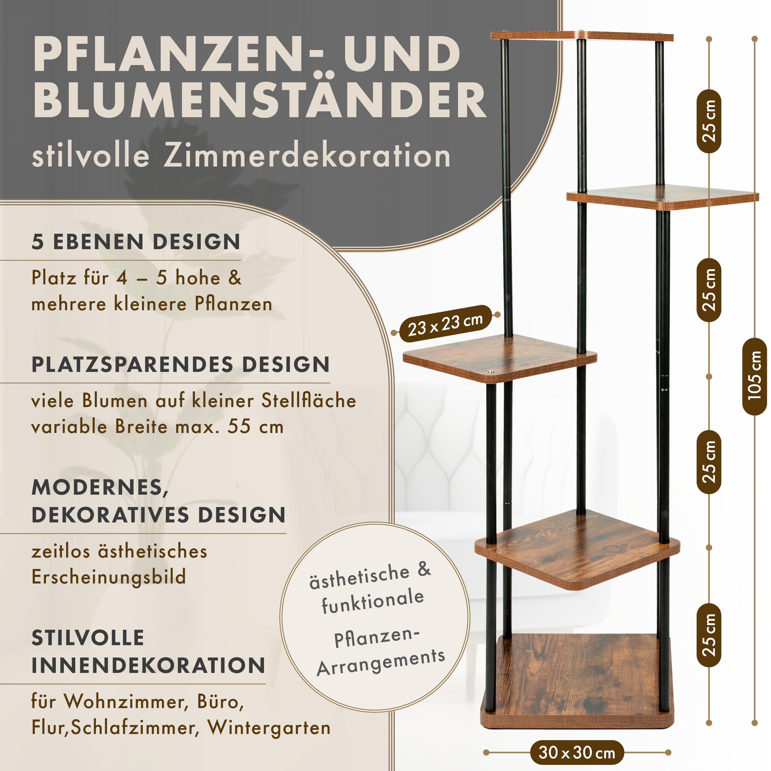 Blumenständer TOWER 2er Set - 5 Etagen 105 cm hoch Pflanzenständer | - Design Holz Eiche & Metall schwarz innen Deko für Wohnzimmer Blumen Ständer & Regal Pflanzenregal Blumenregal Blumentreppe