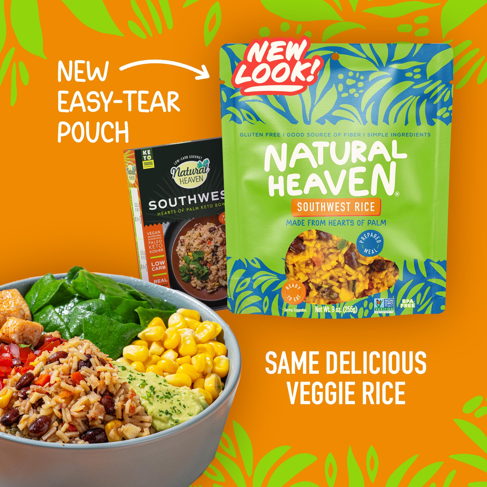 Natural Heaven Hearts of Palm Southwest Rice, Ready & Seasoned – Prepared Meals, New Delicious Recipe, Vegan Food, 9 Oz Pouch thumbnail 2