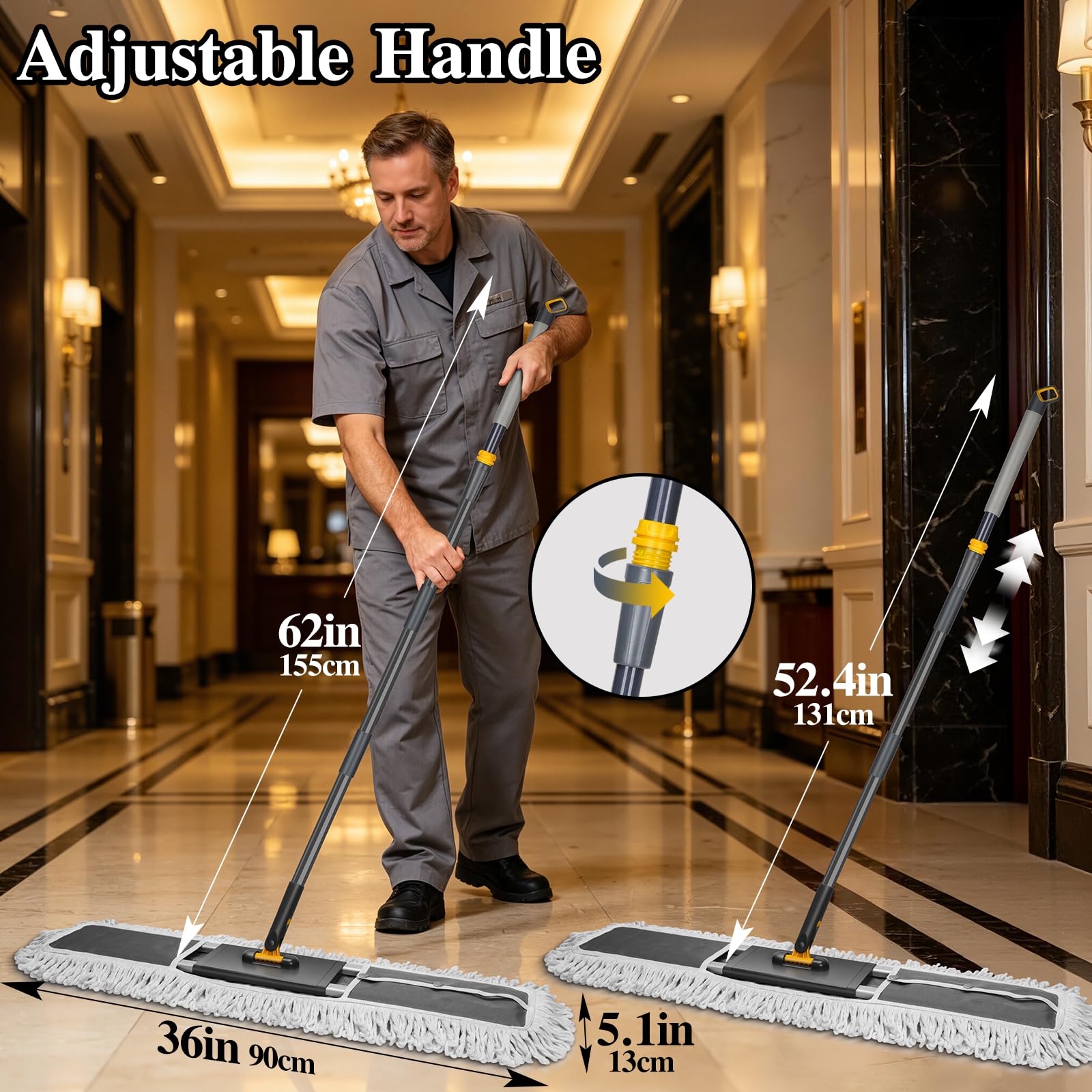 MASTERTOP Mocio industriale per pavimenti, 92 cm, grande, con testa girevole a 360°, resistente con 3 panni in microfibra riutilizzabili e manico regolabile da 154 cm, per legno, marmo, piastrelle e