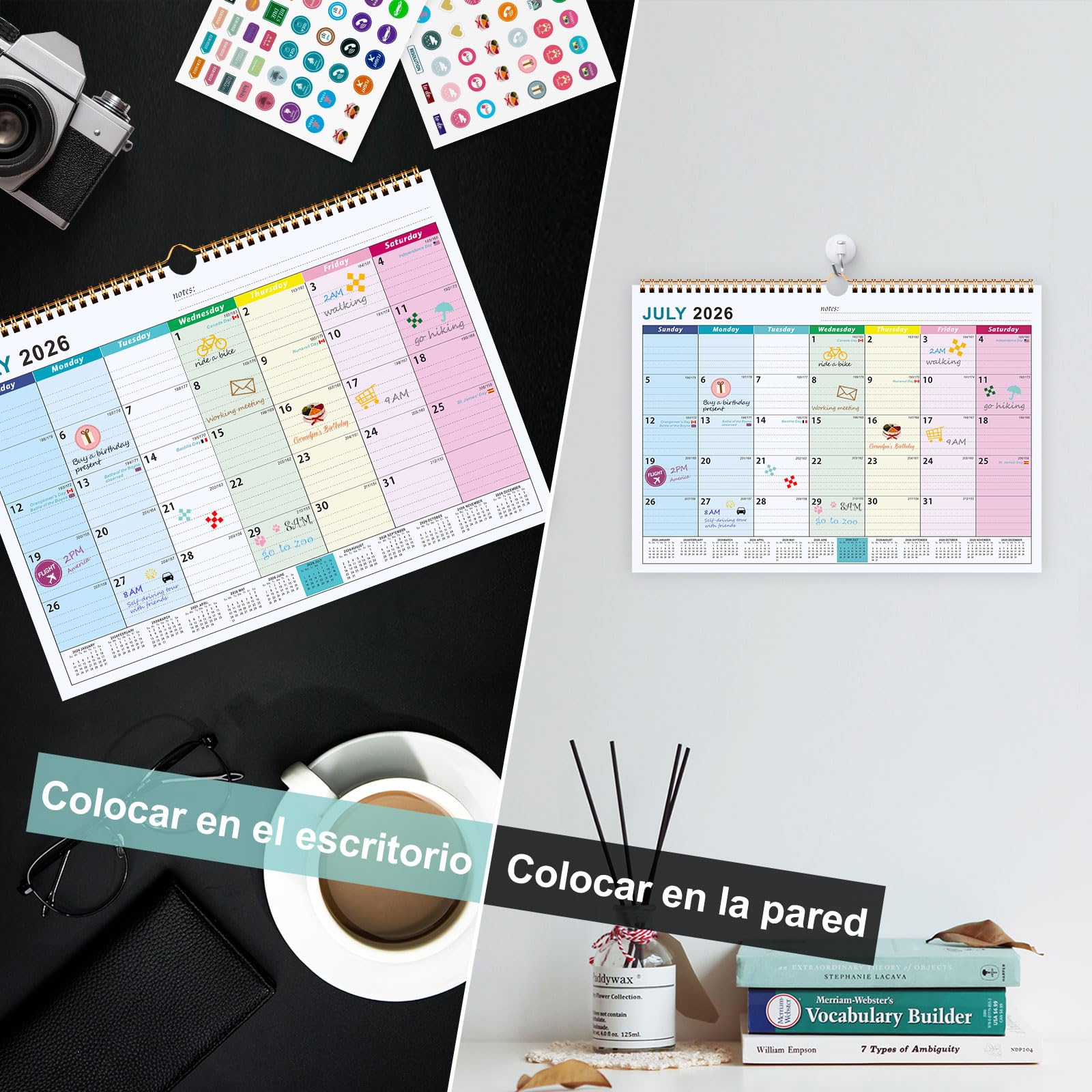 Benjia Calendario de pared 18 meses, calendar de mesa Julio 2026 - Diciembre ​​2027, A4 calendari planificador mensual, agenda calendario niños escolar 2026/2027 pared (Coloridas)