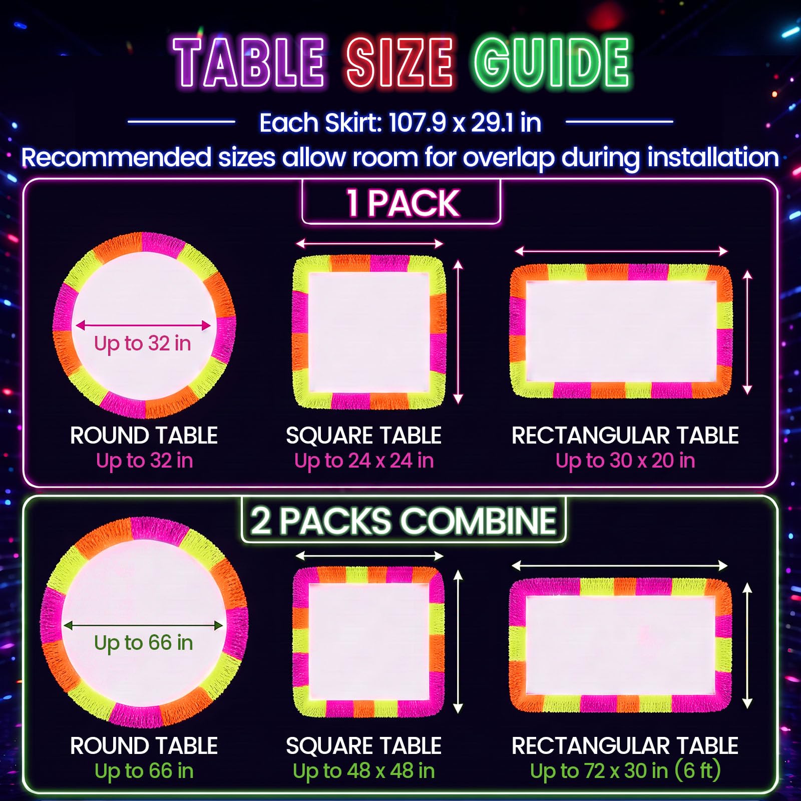 LovesTown 2 Pack Neon-Themed Table Skirts with 2 Fluorescent Tapes