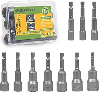 BLOSTM 6-15mm Magnetic Nut Driver Set - 10pcs Nut Setter Driver Bit Set Metric Made from Robust Chrome Vanadium Steel with 1/4 inch Quick Change Hex Shank - 10 Piece Nut Driver Bit Set