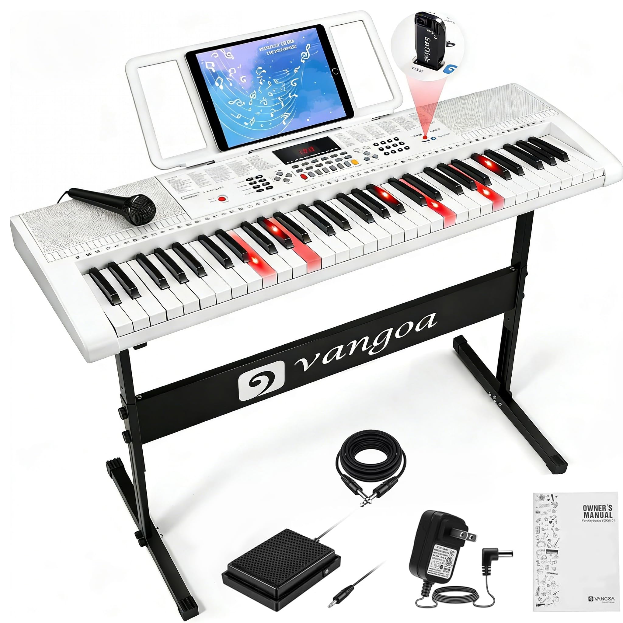 Vangoa Keyboard Piano 61 Key, Full Size Electric Piano Keyboard Light UP Keys with 3 Teaching Modes, Learning Music Keyboard Piano with Stand Headphones for Beginners Students, VGK6101 White