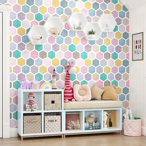 Miniatura 2 de WESTICK Papel tapiz colorido para despegar y pegar, papel tapiz geométrico hexagonal, papel de contacto bohemio, papel de contacto autoadhesivo