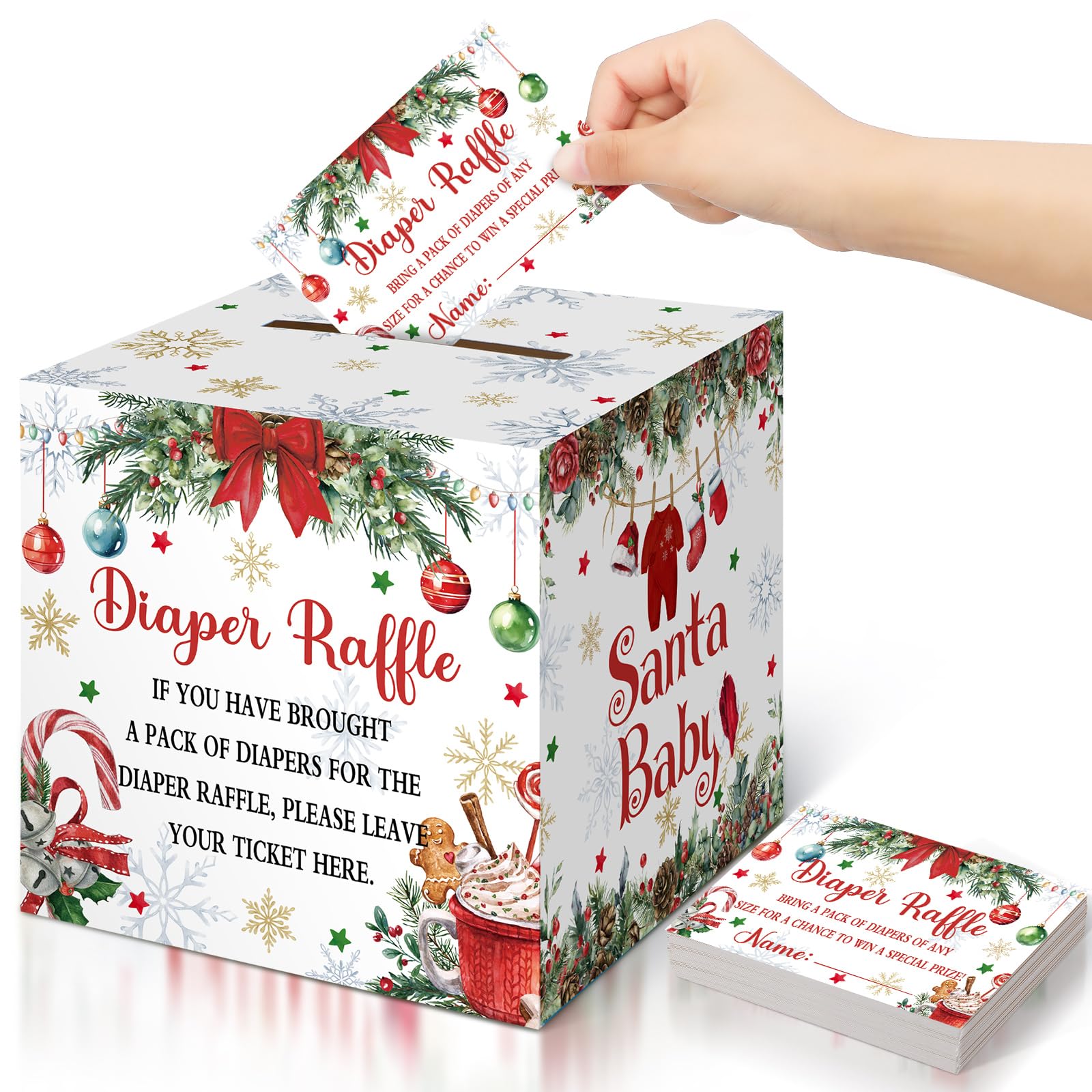 Teling 51 Pieces Diaper Raffle Tickets with Card Box, Christmas Style