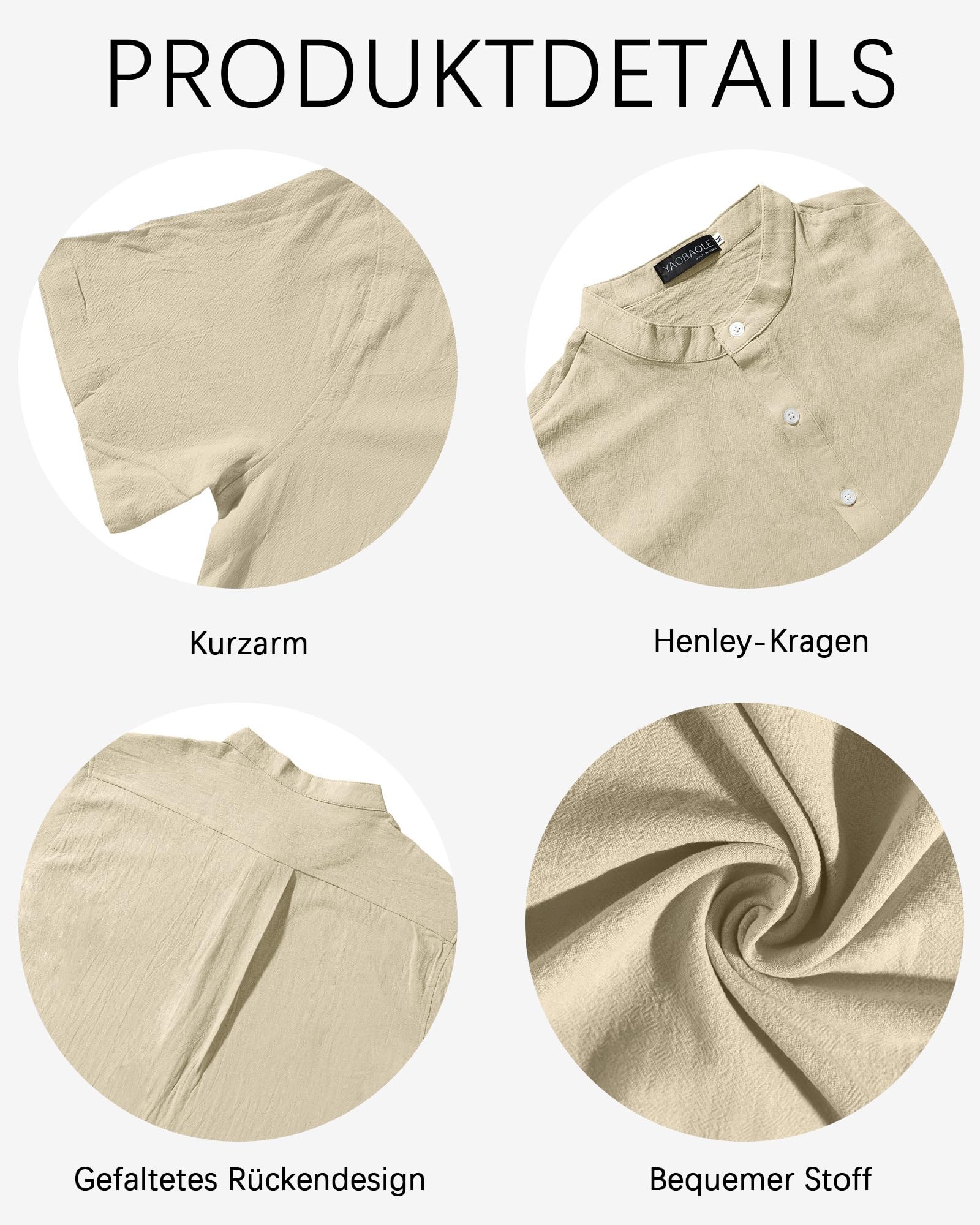YAOBAOLE Hemd Herren Sommer Kurzarm Hemden Männer Henley Freizeithemd Casual Leicht Shirts