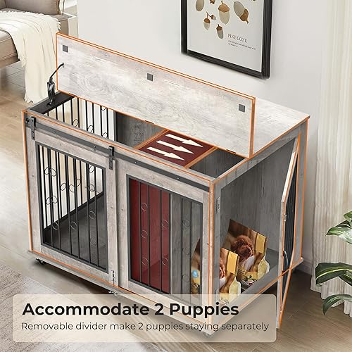 Miniatura 2 de Furniture Style - Mesa auxiliar para perros con puerta corrediza de granero, muebles de interior para perreras con divisor extraíble para 2 mascotas