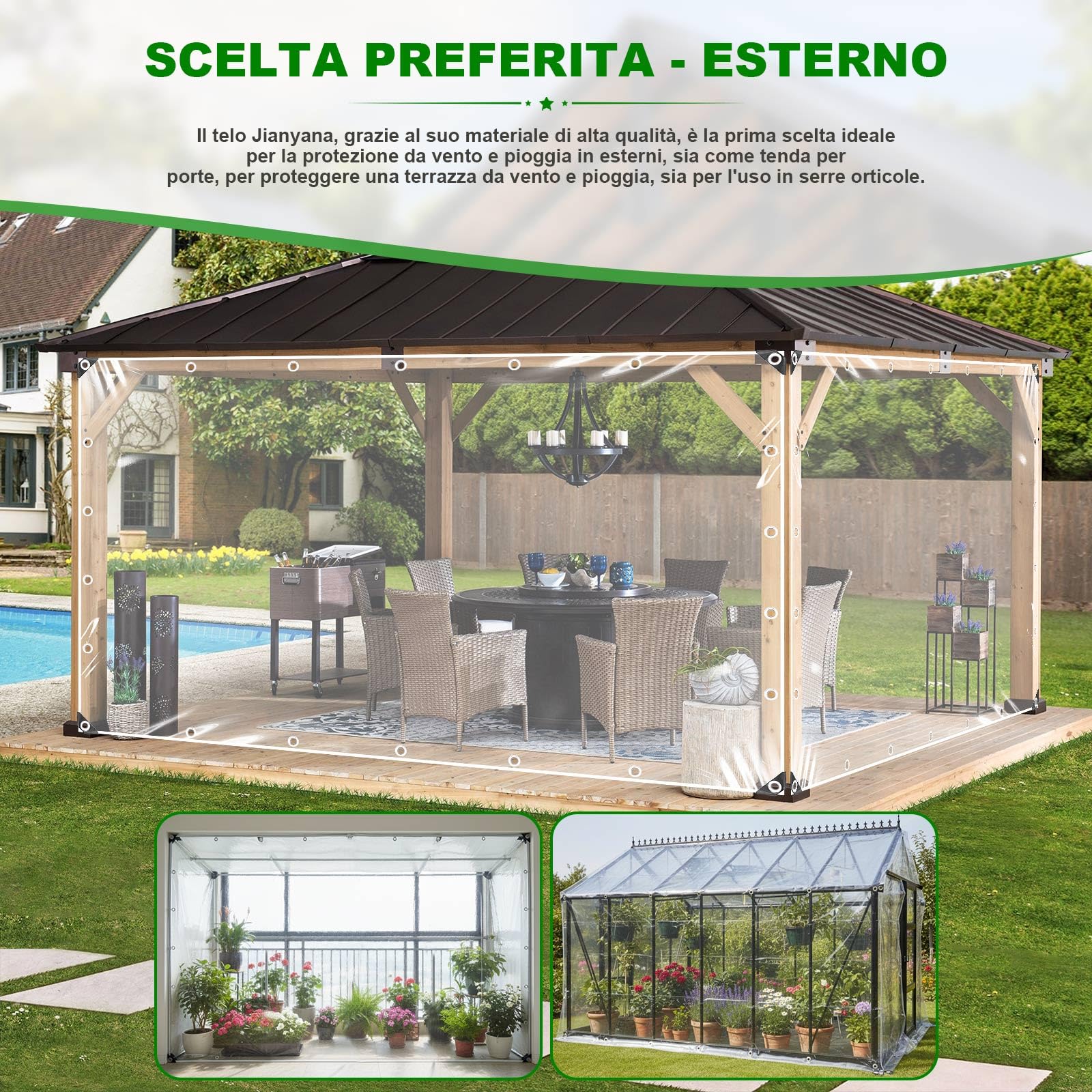Jianyana PVC 250 G/M Telo Impermeabile Esterno, 3 × 5 m Telone Impermeabile Per Esterno Telone Trasparente Occhiellato Teloni Impermeabili Occhiellati Con Corda Da 10 M, Fascetta