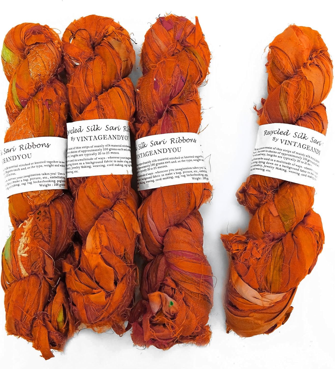 100g リサイクルサリーシルクリボン糸、ジュエリーメイキングトリム - オレンジ