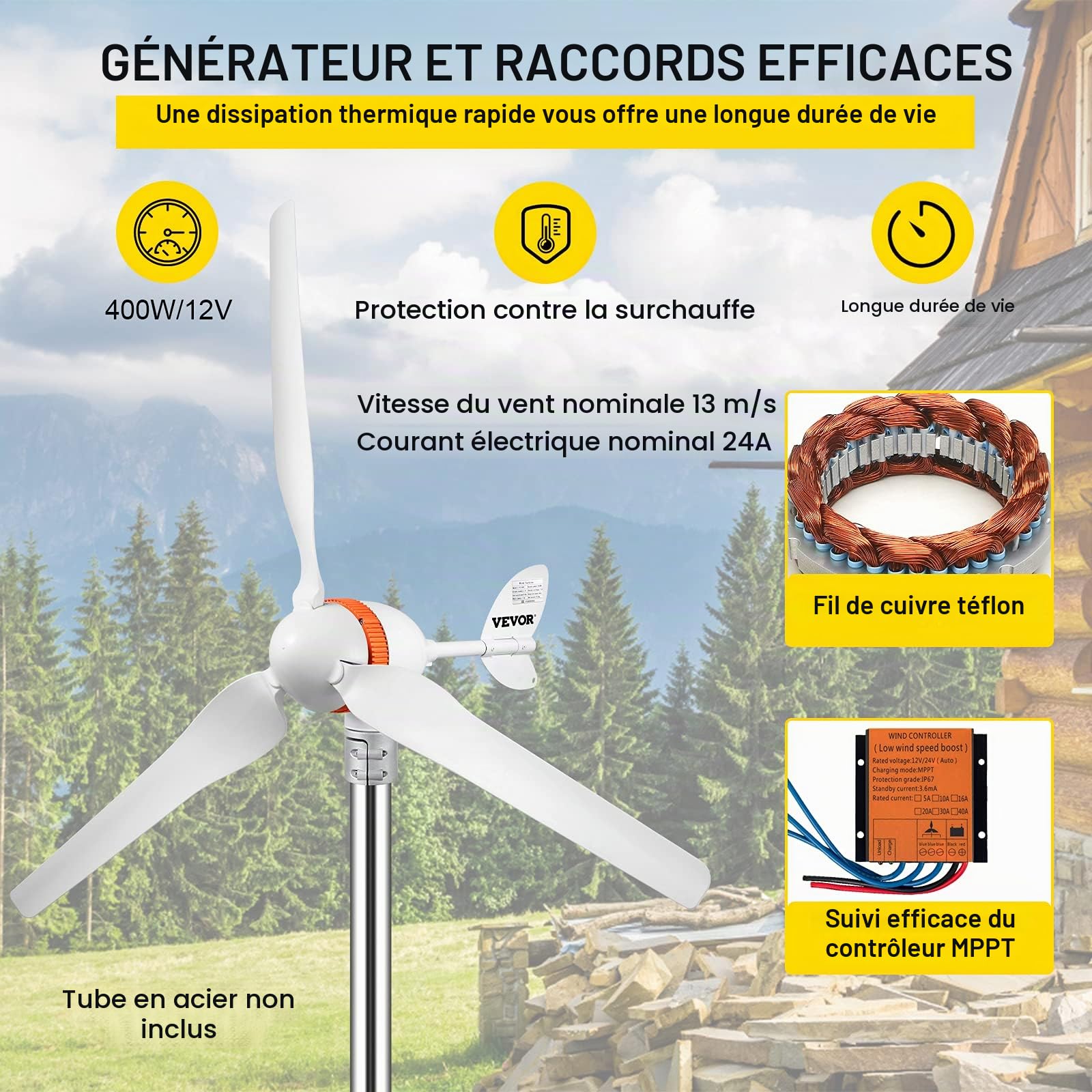 VEVOR Turbine Éolienne, 5 Lames Générateur Éolienne Solaire, Générateur Électrique Éolienne, Résistance Excellente à La Chaleur, pour une utilisation à domicile/une utilisation en bateau/marine